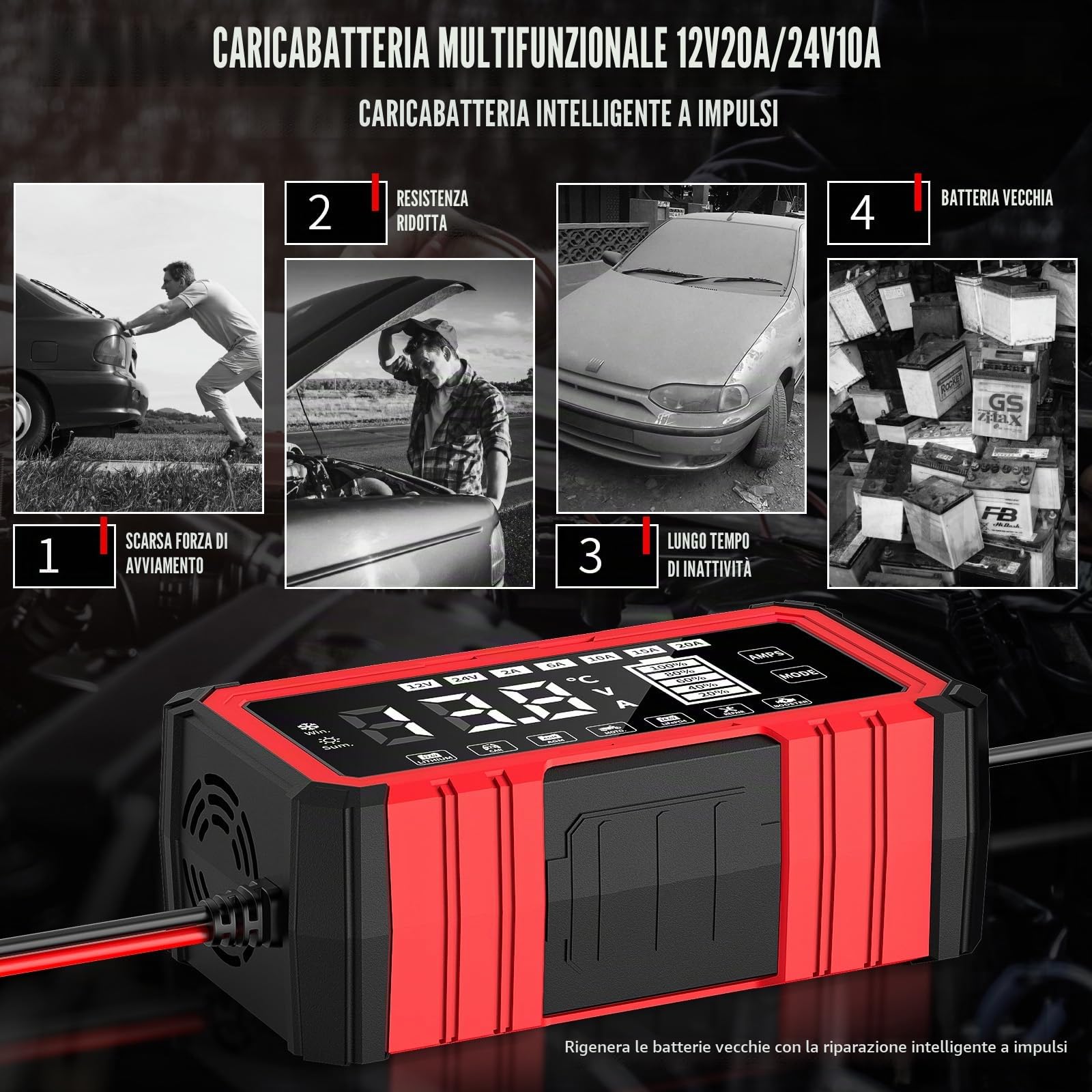 Caricabatterie da auto da 20 A, 12 V/24 V, Smart completamente automatico | con compensazione della temperatura, caricatore intelligente per auto, moto, camion, tosaerba, tosaerba o barca (20A)