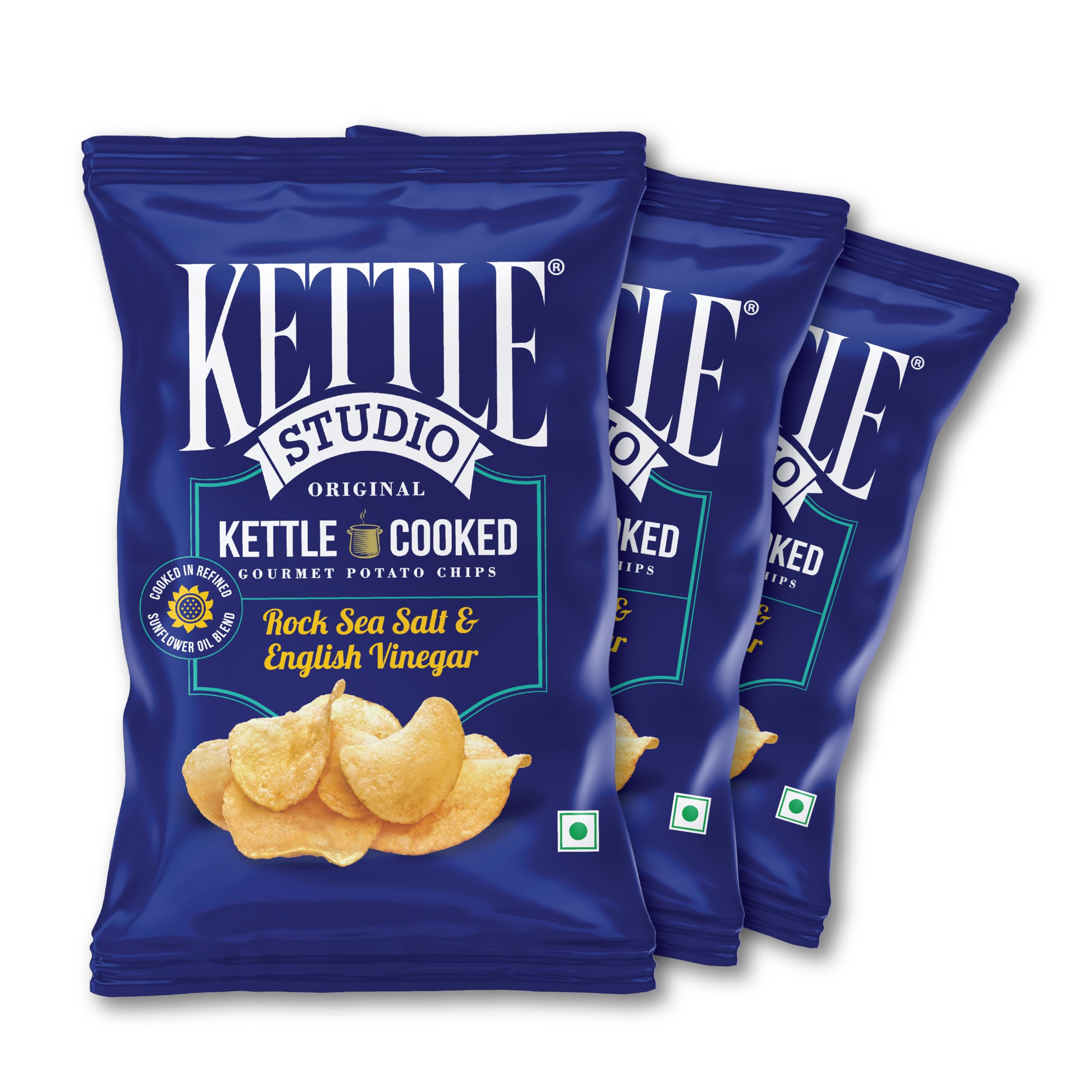 Kettle Studio | Kettle-Cooked Potato Chips Rock Sea Salt & English Vinegar | Thick Cut, Crunchy, Gluten-Free Snack | Party & Movie Night Snacks | 113g Pack of 3