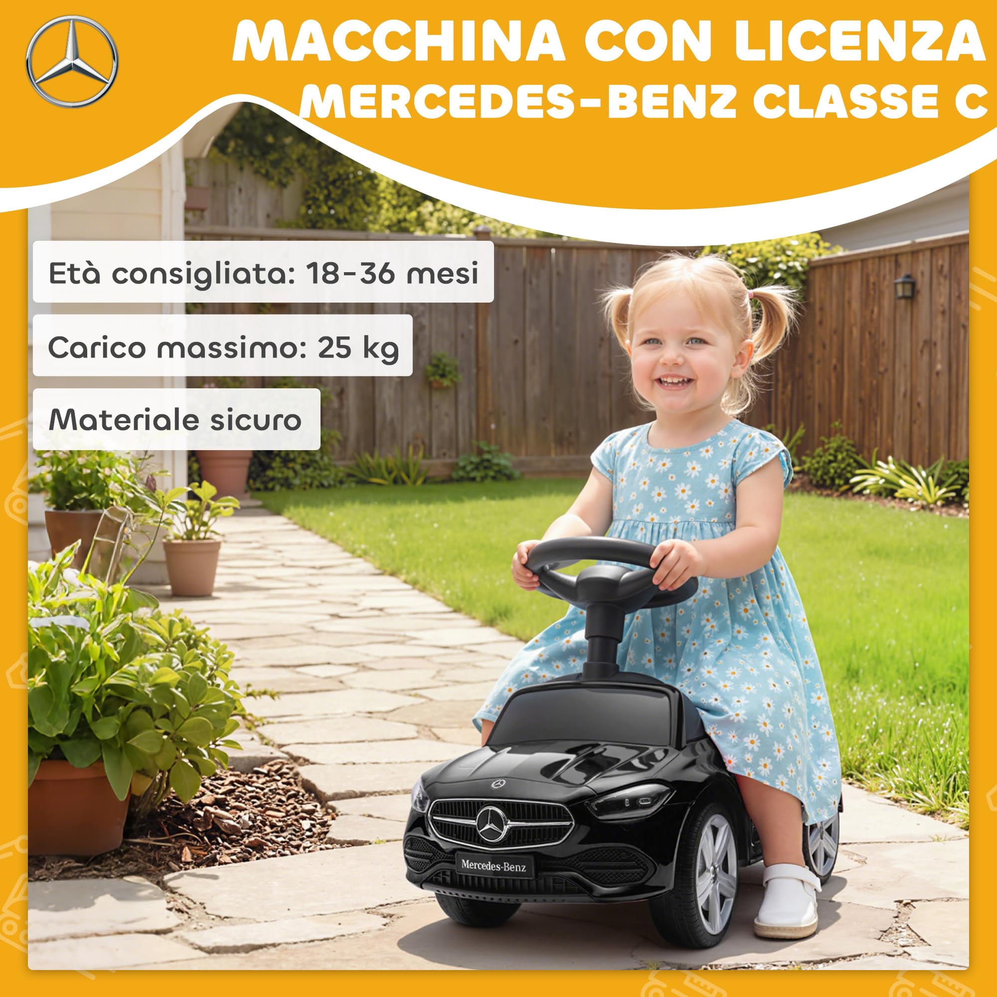 AIYAPLAY Macchina Primi Passi per Bambini Licenza Mercedes Benz con Clacson e Spazio Portaoggetti, Auto per Bambini in PP e Acciaio, 65x28x39 cm, Nero