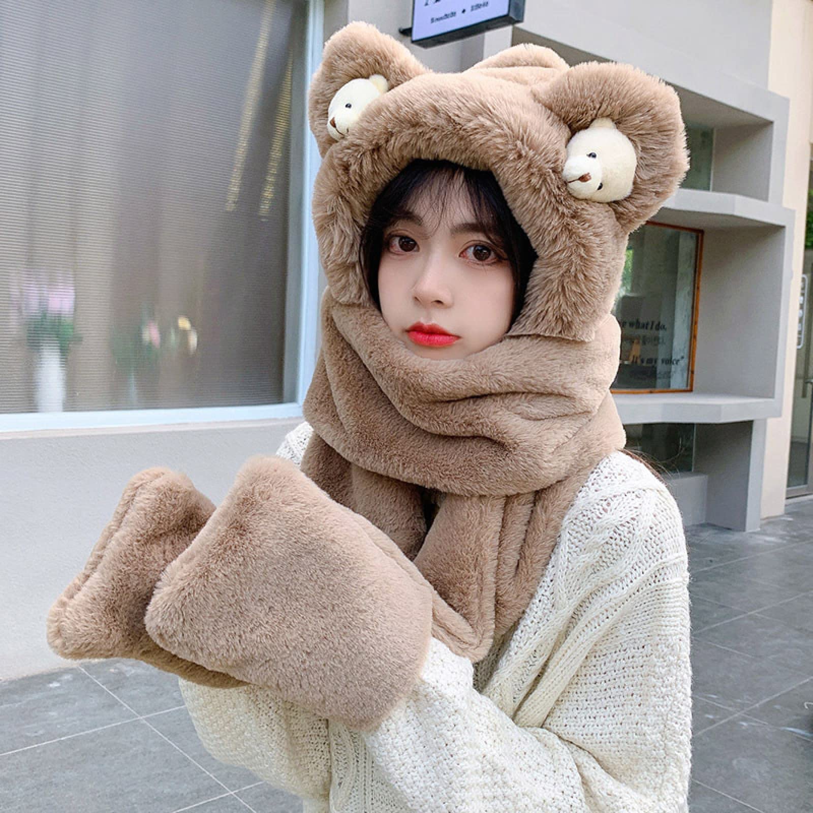 Sombrero de Punto Grueso para Mujer,Gorro de Punto Slouch de Forro Polar,Gorro de bufanda dulce para todos los partidos, gorro de protección para los oídos de felpa gruesa, Caqui, Talla única