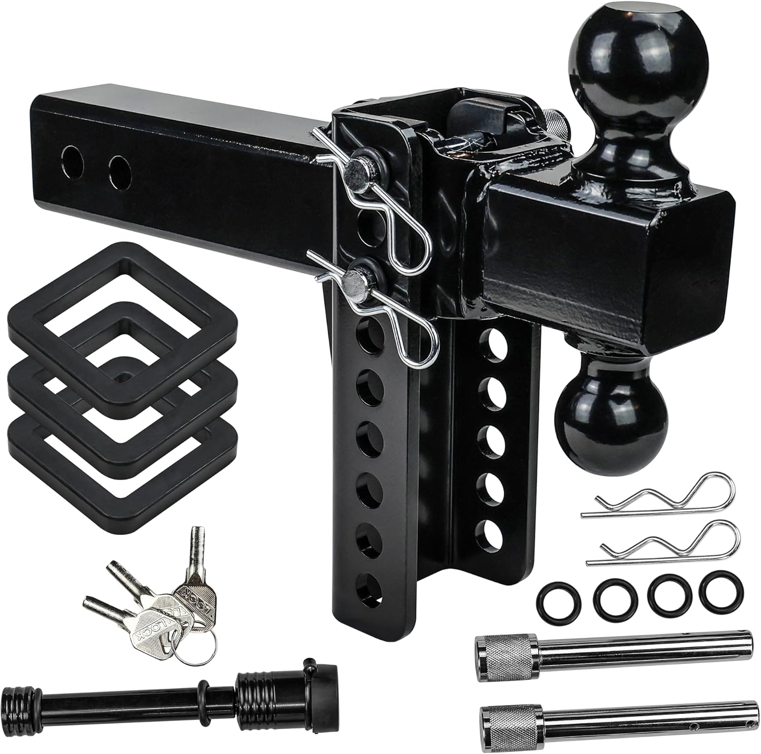 Autekcomma Adjustable Trailer Hitch, for 2.5 Inch Receiver, 6 Inch Drop/Rise Hitch Ball Mount for Truck, 2" & 2-5/16" Chrome Plated Steels Balls, 22,000 LBS GTW, Double Anti-Theft Locking Hitch Pins.