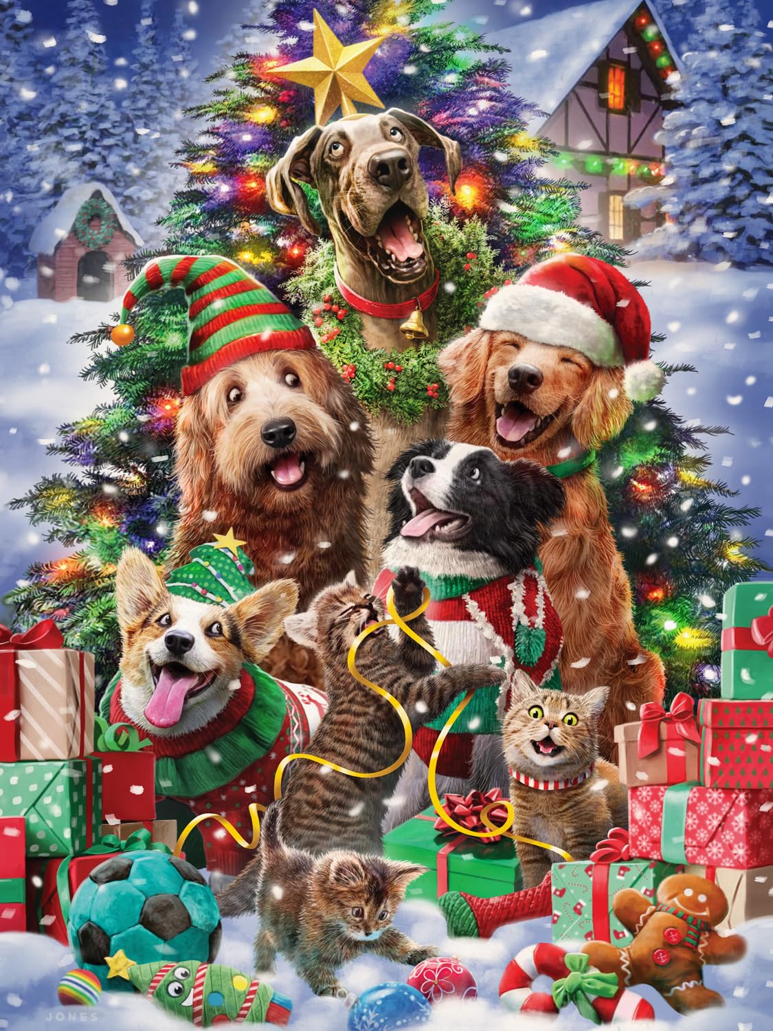 Vermont Christmas Company Christmas Pets Jigsaw Puzzle 550 Piece - Holiday Puzzle with Randomly Shaped & Interlocking Pieces - 24" x 18"