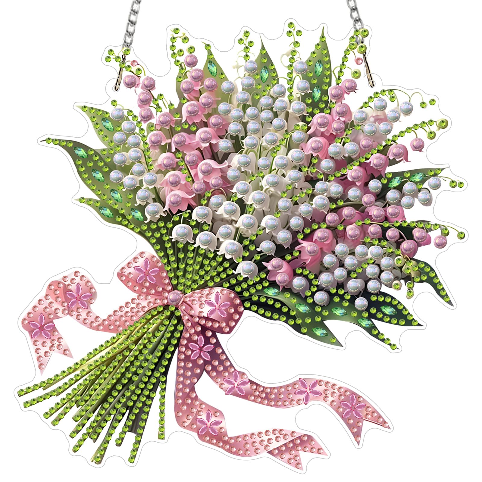 MXJSUA Lily Valley Flowers Diamond Painting Art Window Suncatchers, Diamond Art Kits for Adults Hanging Ornaments with Chain, Special Shape Crystal Diamond Pendant Accessories for Decor Gift