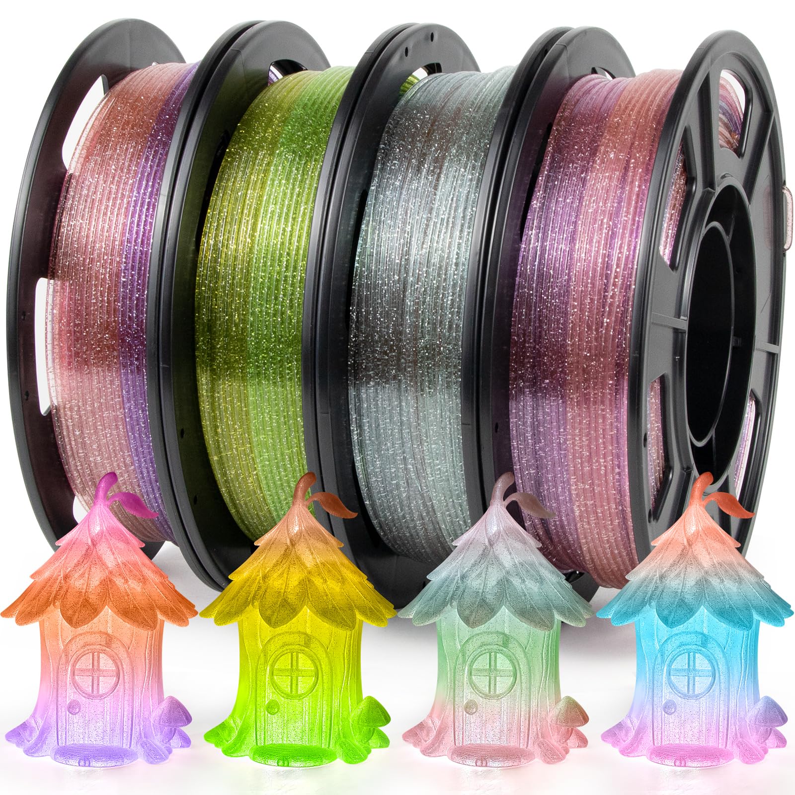 iSANMATE PETG Clear Glitter Filament 1.75 mm, 4 Colours PETG Transparent Gradient Filament, Dimensional Accuracy +/- 0.02 mm, 250 g/Spool x 4, Transparent Rainbow Filament for 3D Printers