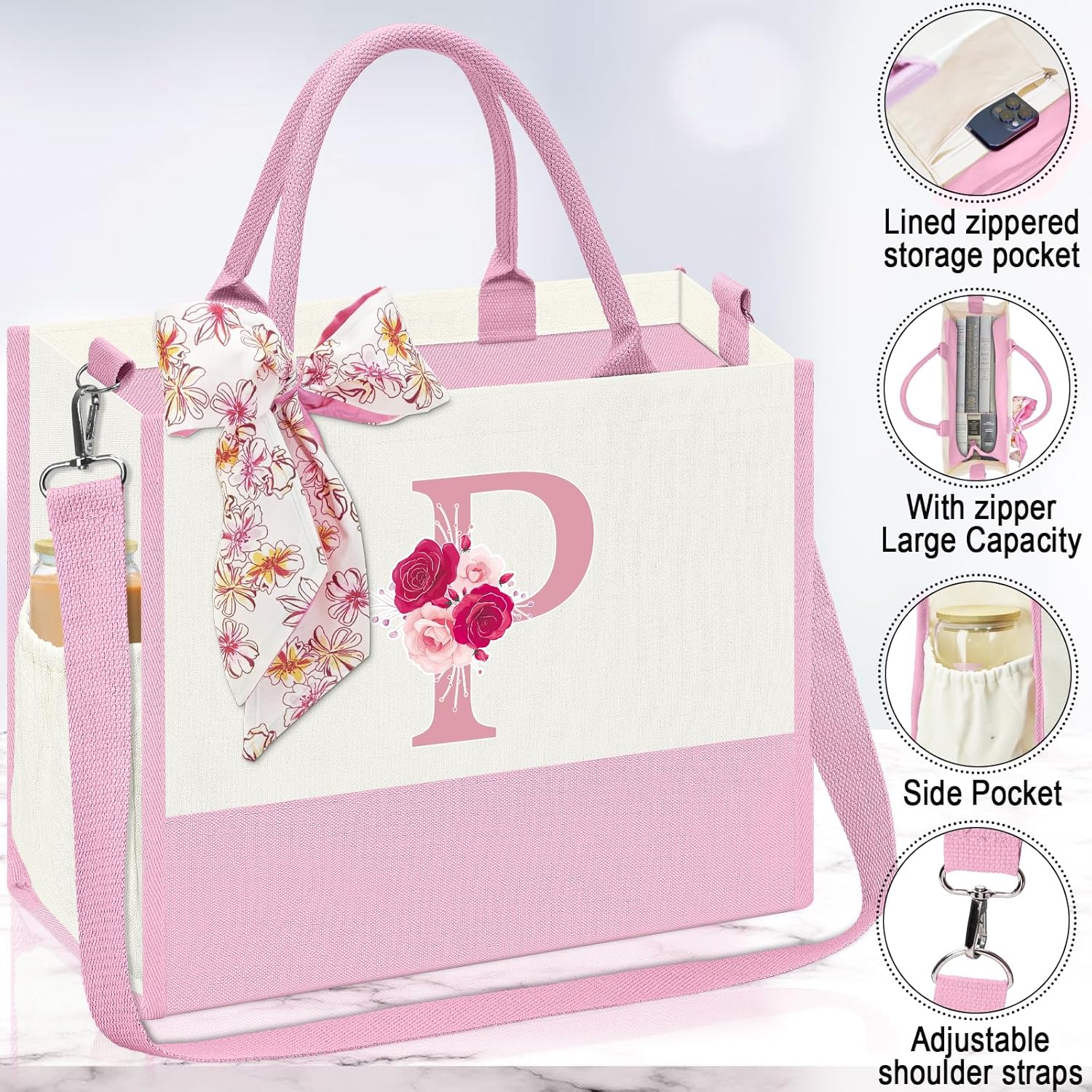 Valentine's Day Gifts,Birthday Gift for Women,Initial Canvas Tote Bag,Personalized Gifts for Women,16oz Glass Cup With Straw,Jewelry Storage Box,Monogrammed Gift for Woman Mom Sister Bestie-P - Image 3