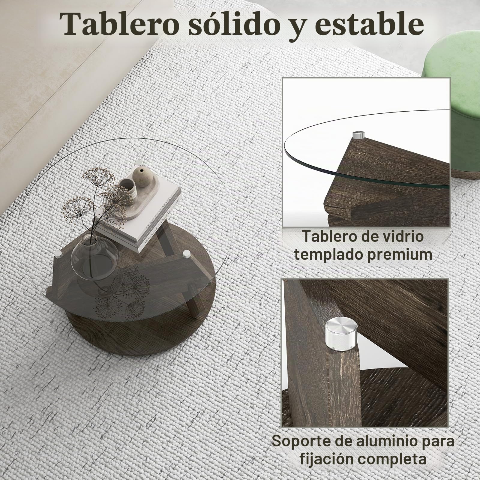 LIFEZEAL Mesa de Centro Redonda con Tapa de Vidrio Templado Transparente，Mesa Auxiliar Moderna Decorativa con Patas de Madera Sólida, Mesita Auxiliar Rústica para Espacios Pequeños (Gris)