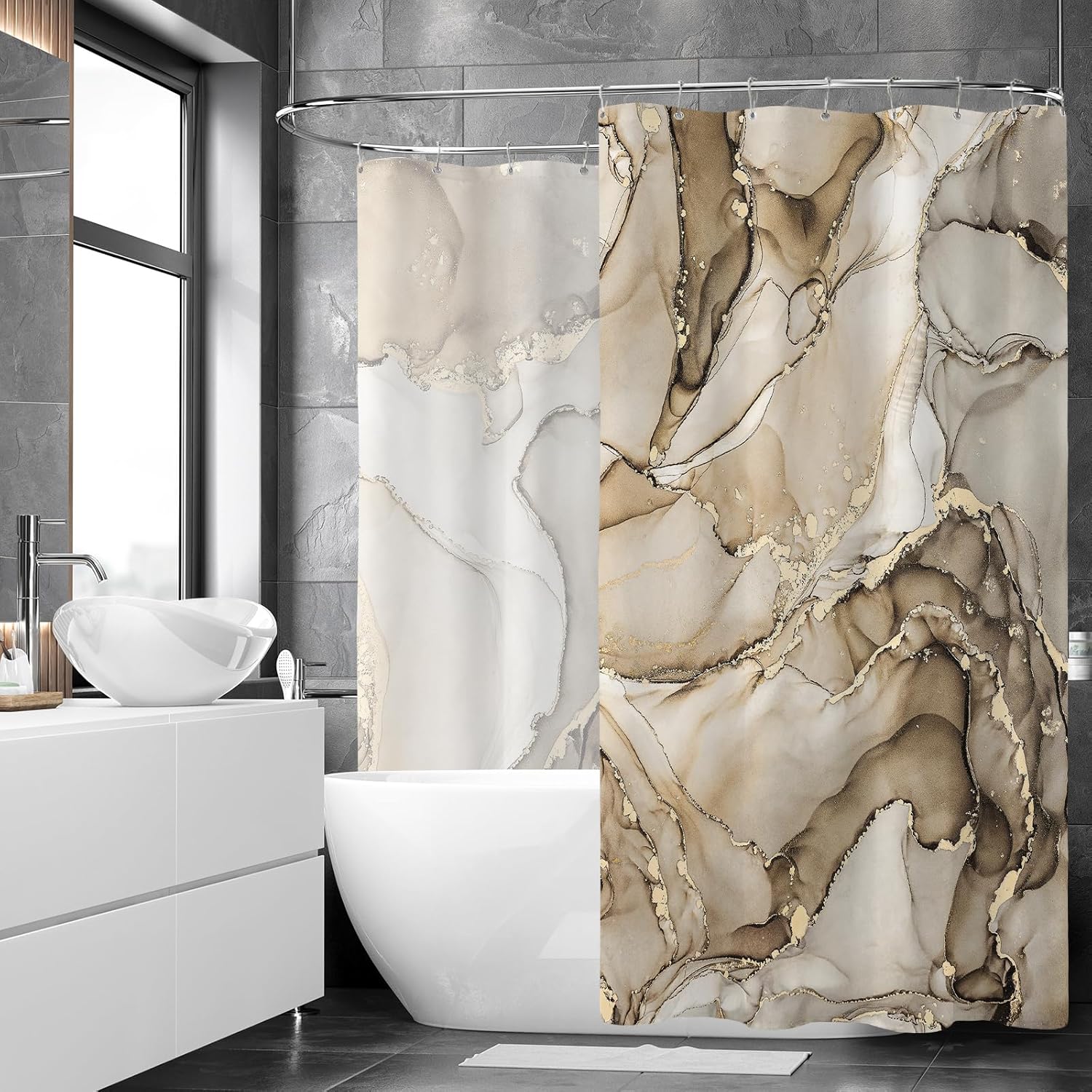 Extra Wide Marble Shower Curtain 108 x 72, Beige Modern Abstract Shower Curtains for Claw Foot Tub, Luxury 108 inch Long Shower Curtain Set with 18 Pack Plastic C-Hooks