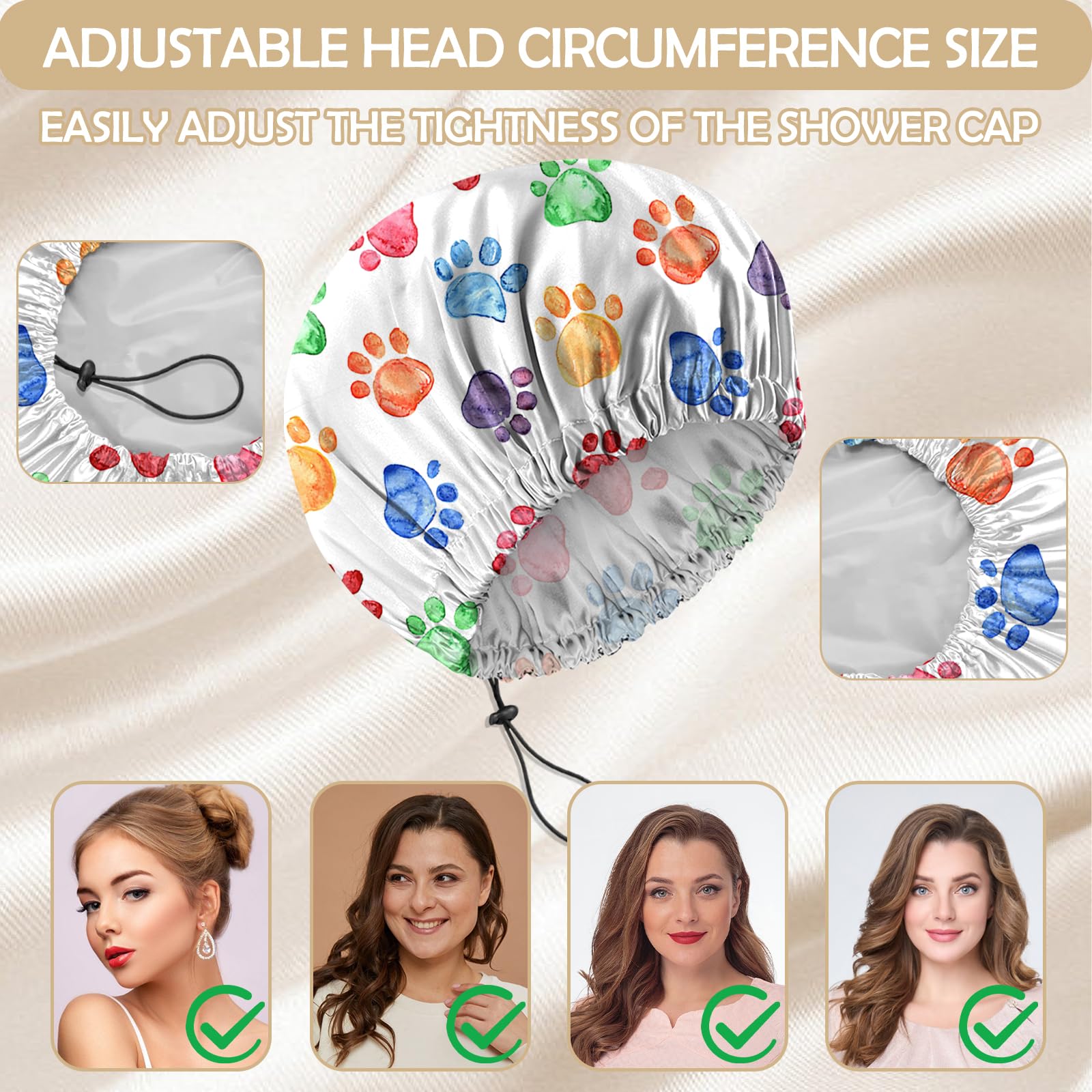 BHAHB 2 PCS Shower Cap Reusable Waterproof Double Layer Elastic Adjustable Hair Bath Caps Cute Aesthetic for Women Girls (V13-Paw Cats) - Image 4