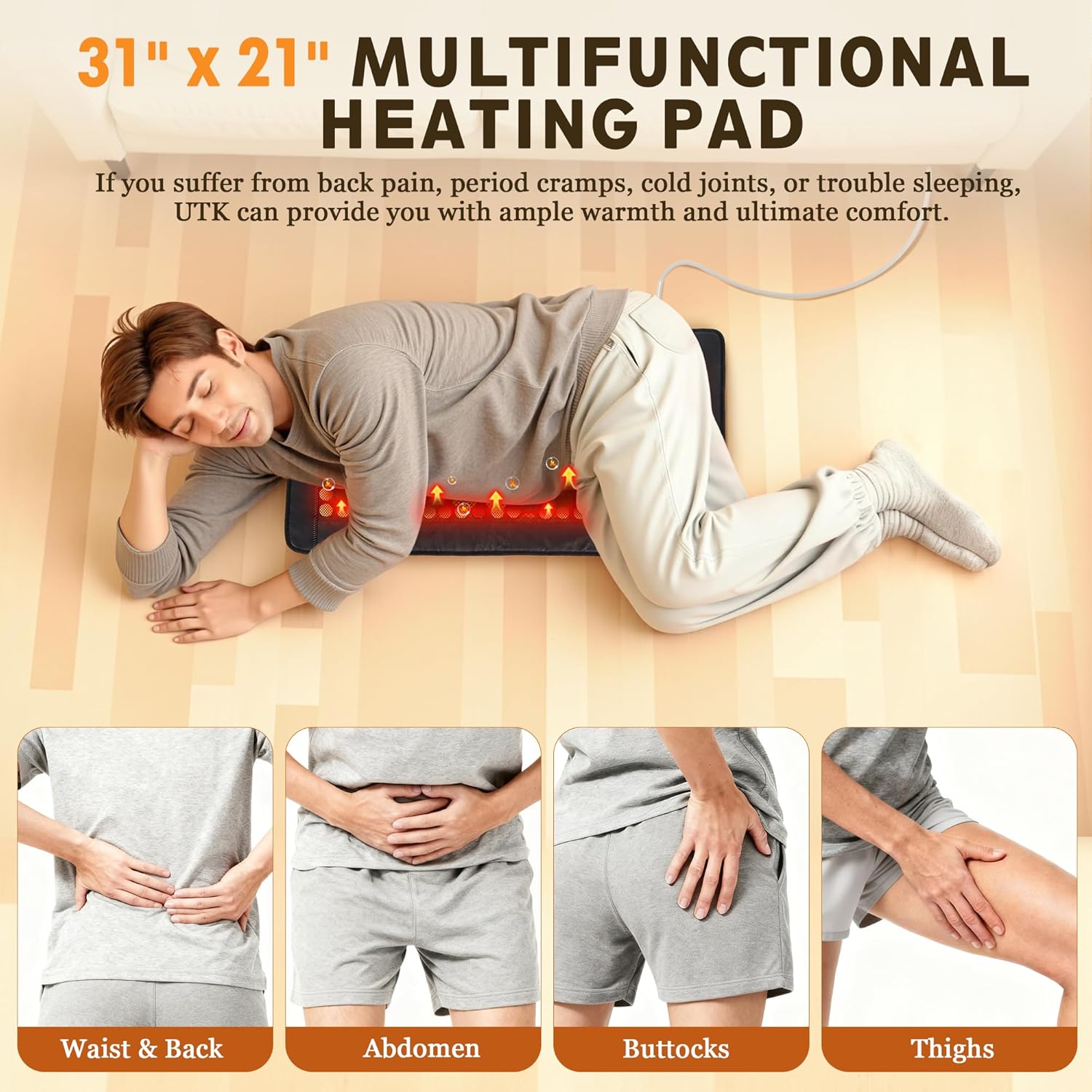 UTK Far Infrared Heating Pad, 5X Pain Relief for Back Waist Abdomen, Gift for Women Men, FSA-HSA Eligible Weighted Mat with Magnets Stone, Jade & Tourmaline, Hotter to 159℉, 4H Auto-Off, 21'' x 31'' - Image 5