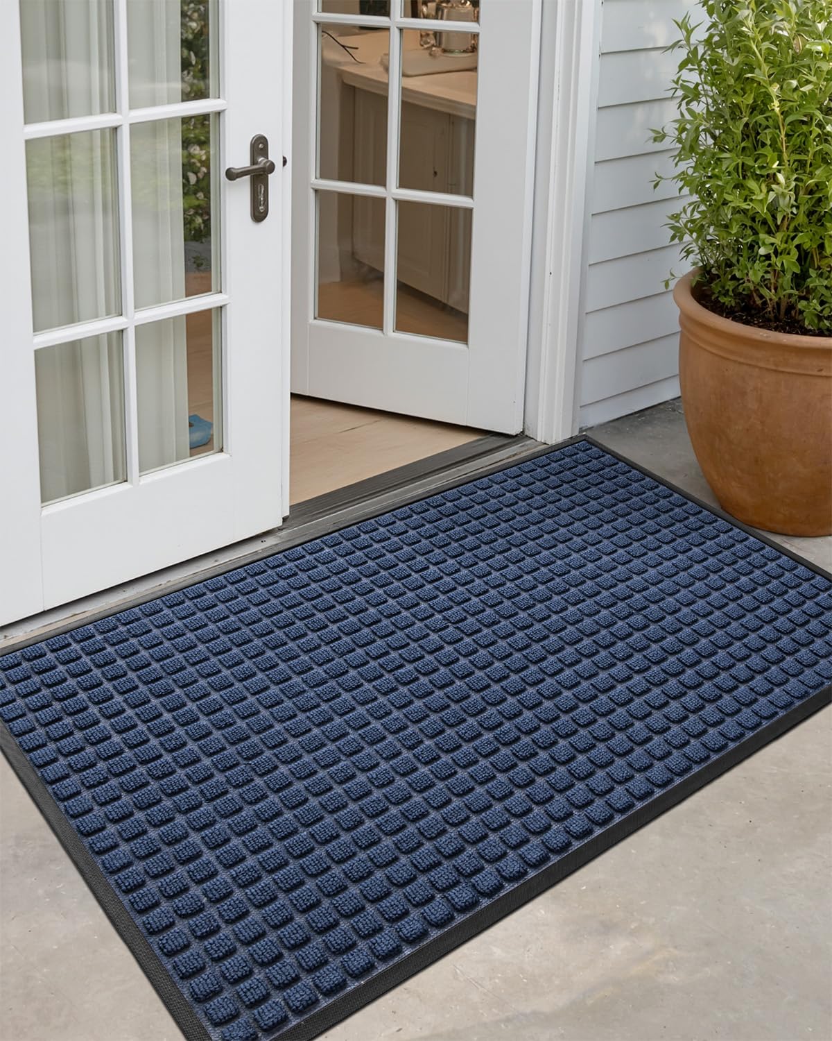 DEXI Front Door Mat Outside Entrance, Heavy Duty Rubber Backed Doormat, Stain and Fade Resistant, Low-Profile Easy Clean Entryway Floor Mats, 3x5, Squares Blue — image 1