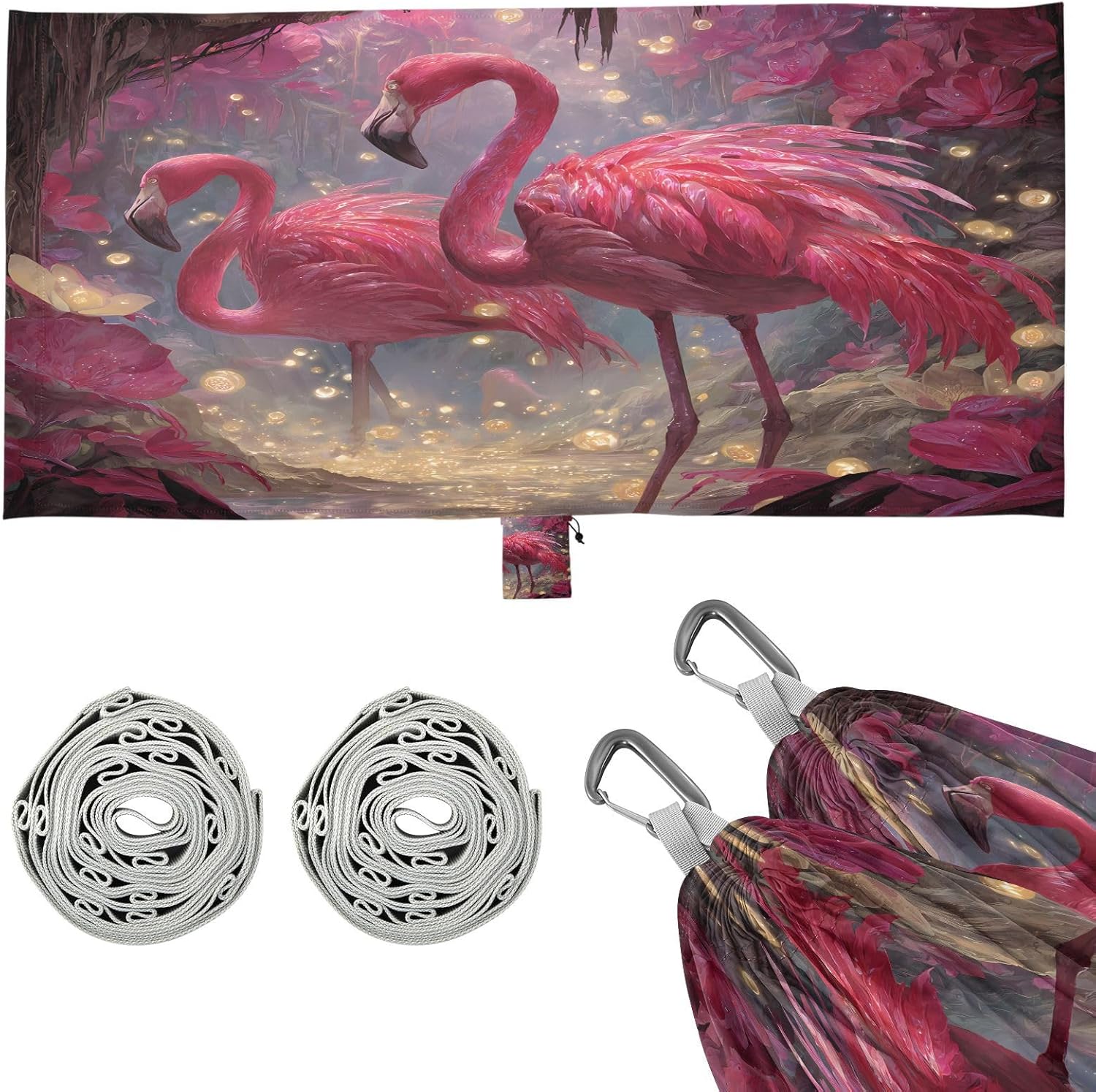 ALAZA Red Flamingos Camping Hammocks Single or 2 Person 500 lbs Portable Parachute Travel Hammock w/Tree Straps for Hiking Backpacking Indoor Outdoor