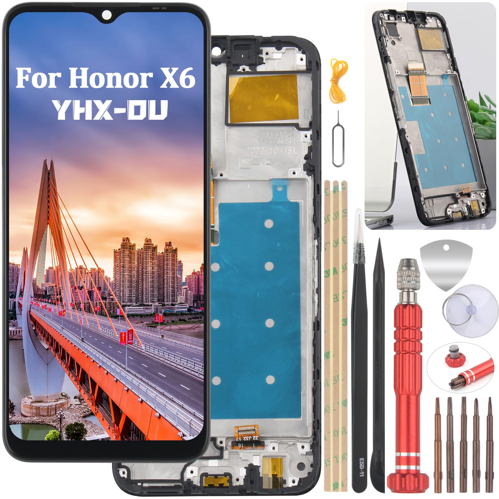 YHX-OU Black + Frame Display for Honor X6 VNE-LX1 VNE-LX2 VNE-LX3 ​LCD Display Touchscreen Replacement Screen Glass Assembly 6.50 Inches with Tools