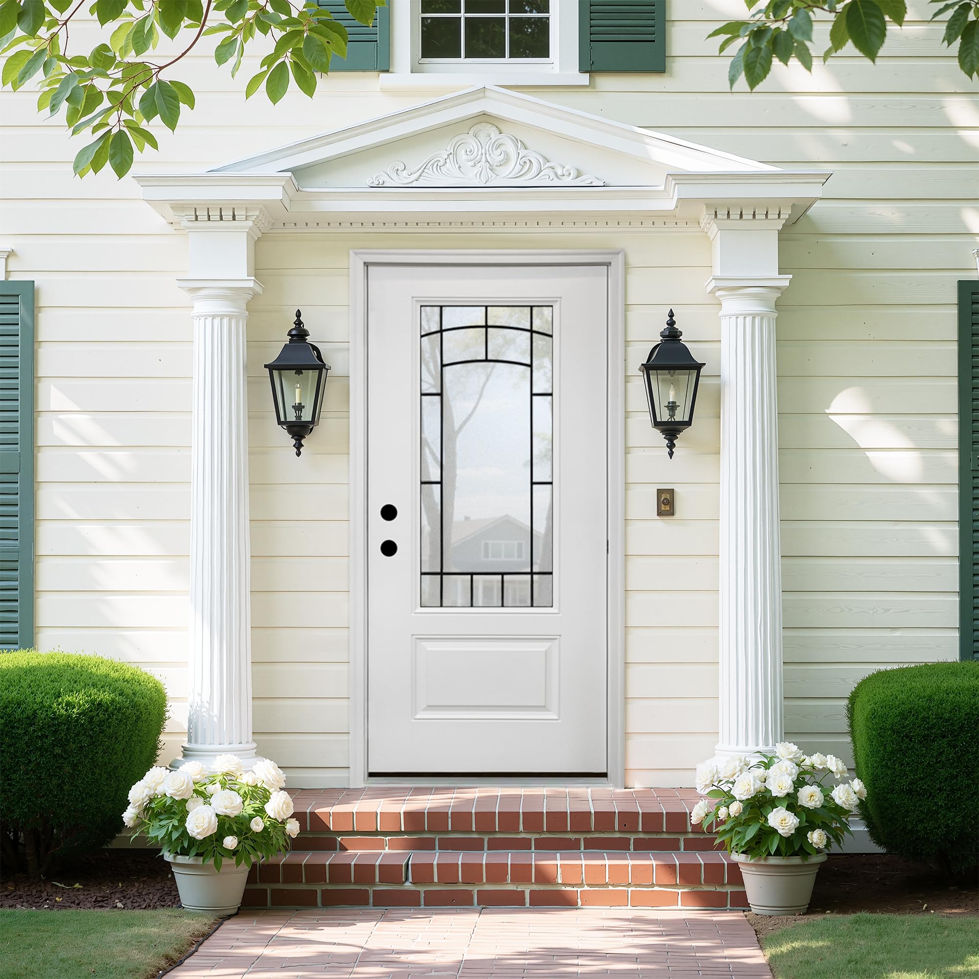 Casaphoria 36" x 80" Fiberglass Entry Door with 4-9/16" Vinyl Frame,Right Hand Inswing Exterior Door with Brickmould, 3/4 View Wrought lron Glass Primed Knock-Down Front Door for Home Entrance, White