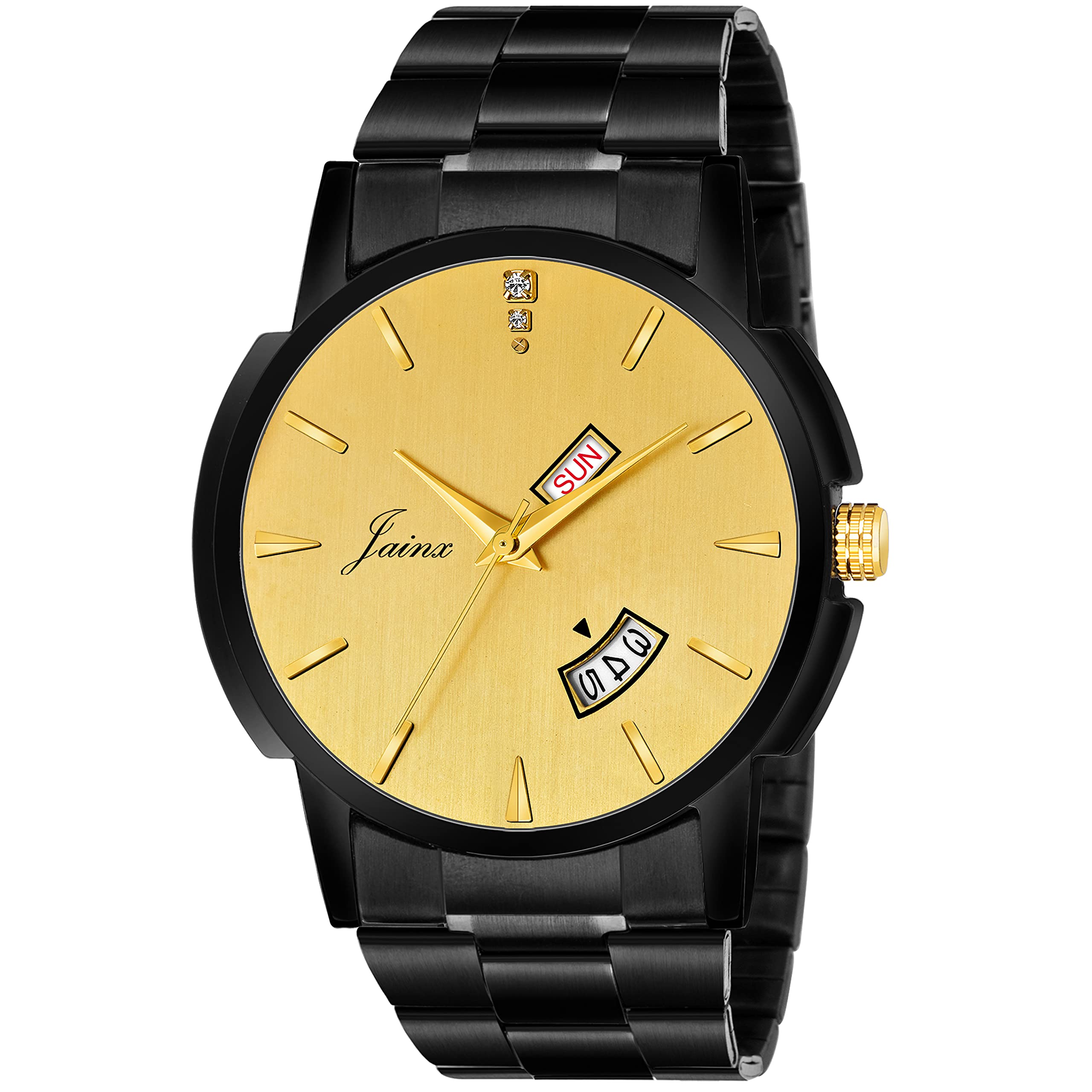 JAINXBlack Premium Day and Date Function Golden Dial Analogue Men's Watch
