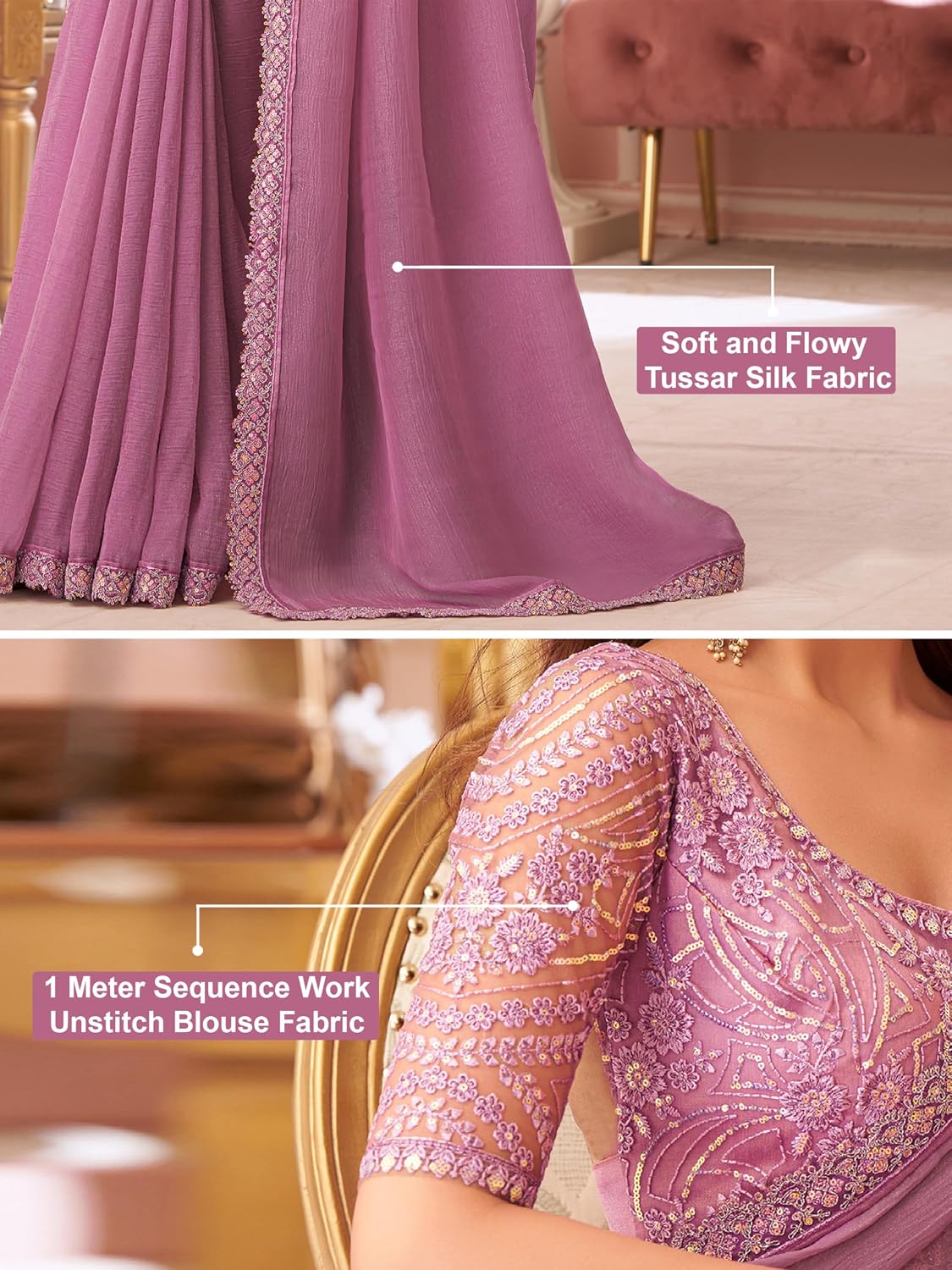 TRENDMALLS Women's Tussar Silk Embroidery Sequence work Saree with Unstitched Blouse Piece (K1201-Pink)