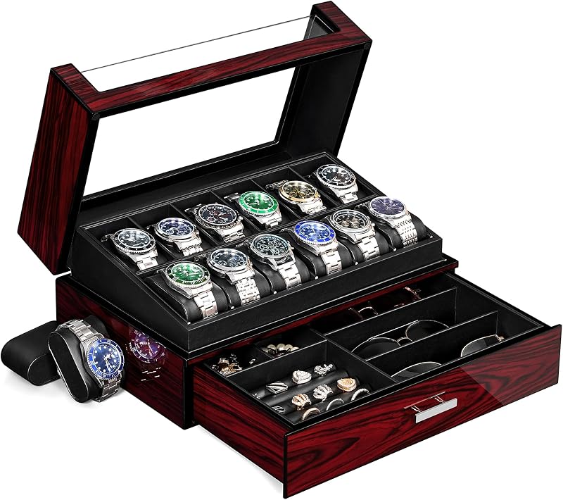 ANWBROAD 12-Slot Watch Case for Men, Wooden Watch Box with Glass Lid | 2-Layer Paint Watch Display Holder, Jewelry Sunglasses Storage Organizer, Faux Leather Lining or Men Women UJWB005Y