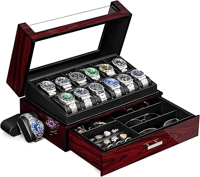 ANWBROAD Watch Box for Men 12 Slots Watch Case with Glass Lid 2 Layers Paint Watch Holder Jewelry and Watch Storage Faux Leather Lining Elegant Present or Men Women Fathers Day UJWB005Y