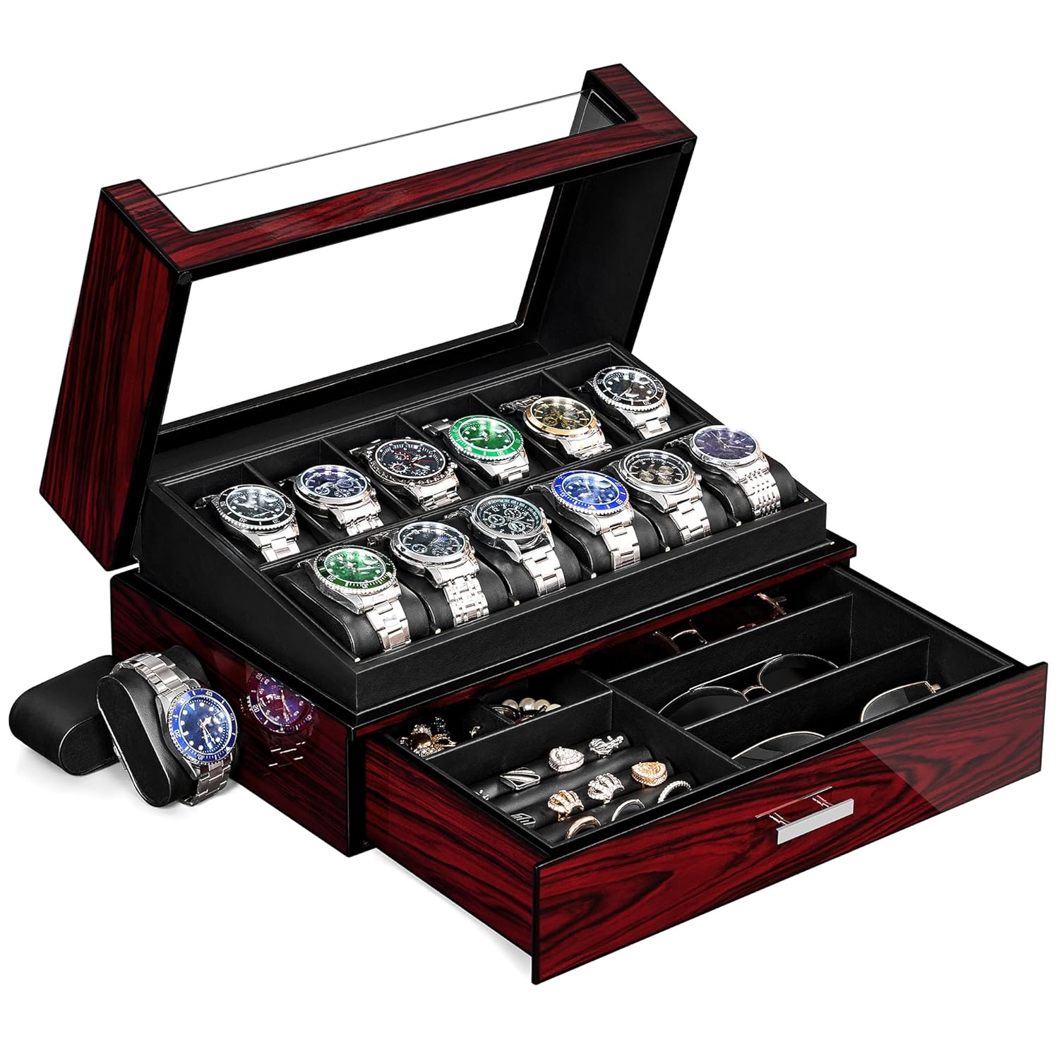 ANWBROAD Watch Box for Men 12 Slots Watch Case with Glass Lid 2 Layers Paint Watch Holder Jewelry