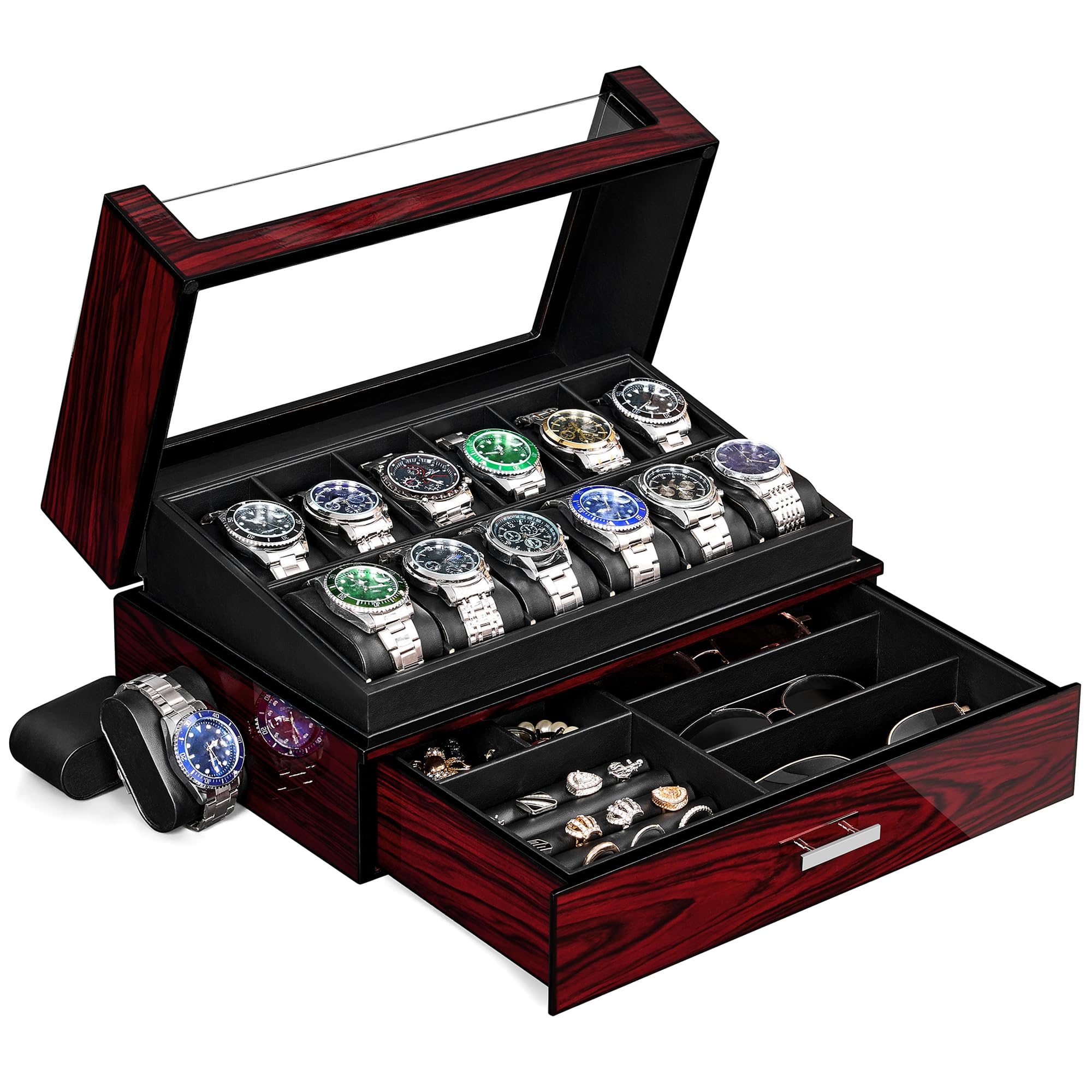 ANWBROAD Watch Box for Men 12 Slots Watch Case with Glass Lid 2 Layers Paint Watch Holder Jewelry