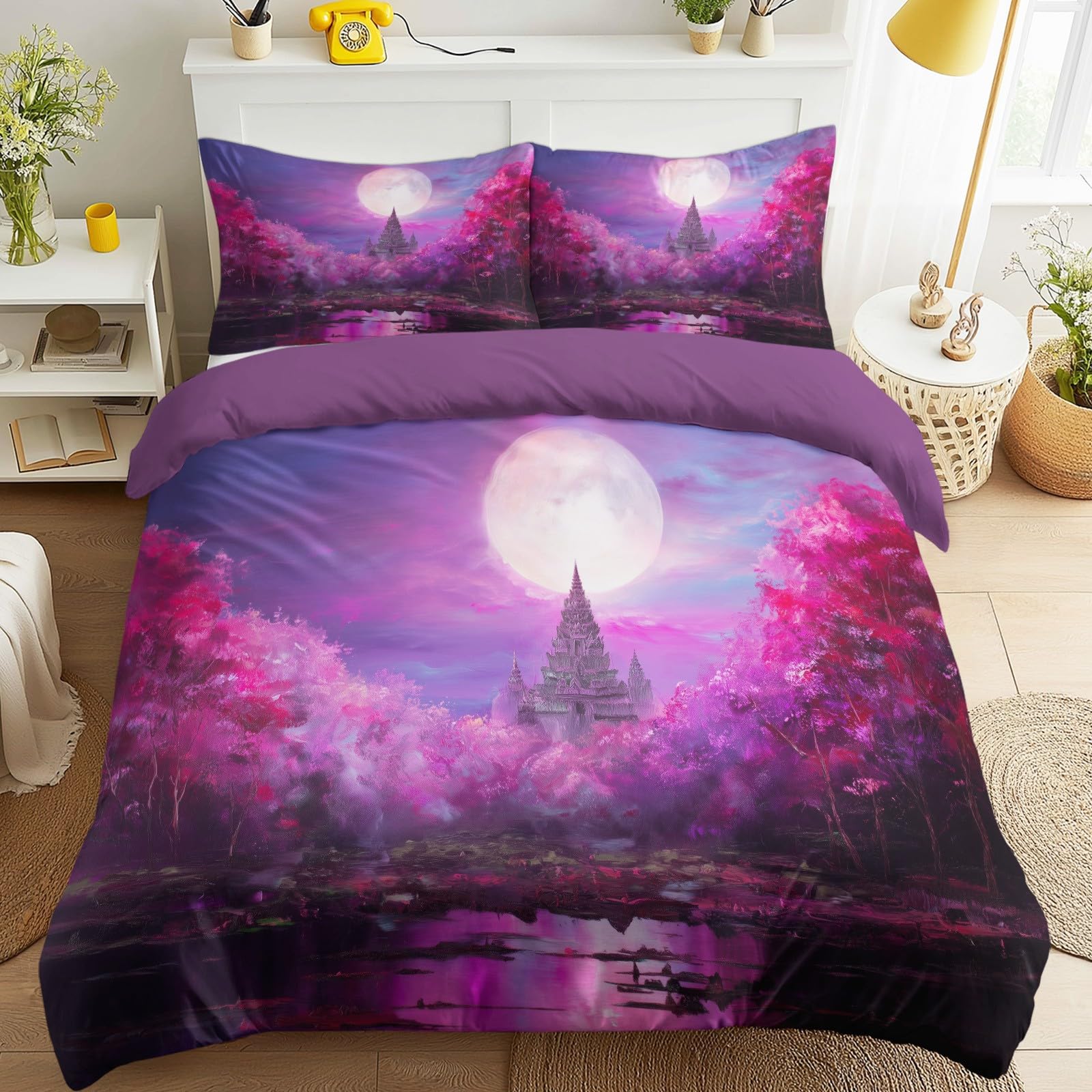 Funda nórdica de loto y agua morada para transformar tu habitación en un templo de paz zen