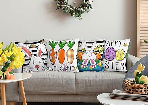 Miniatura 2 de Hexagram Juego de 4 fundas de almohada de Pascua de 18 x 18 pulgadas, fundas de almohada decorativas de huevos de conejo de Pascua, decoraciones de