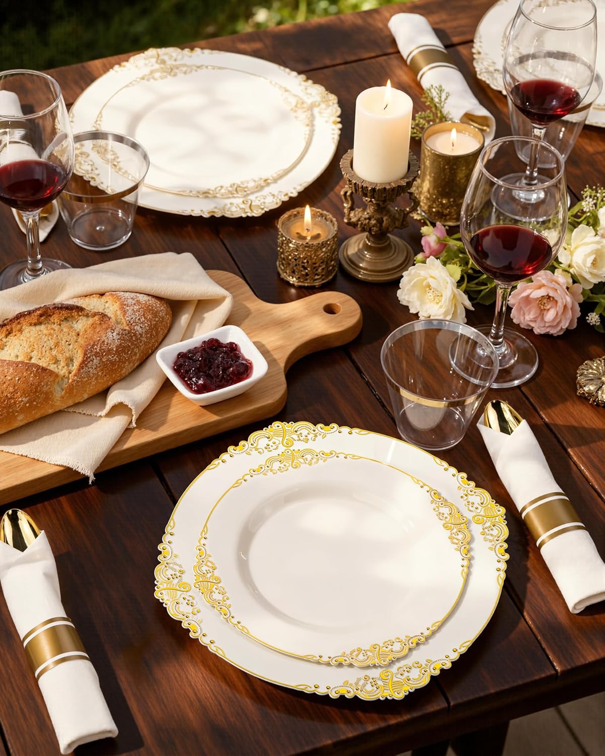 Nervure 350PCS Ivory Plastic Plates - Ivory Gold Plastic Dinnerware Sets for 50 Guests - 100 Gold Disposable Plates, 50 Pre Rolled Silverware Sets, 50 Cups Perfect for Wedding & Party - Image 4