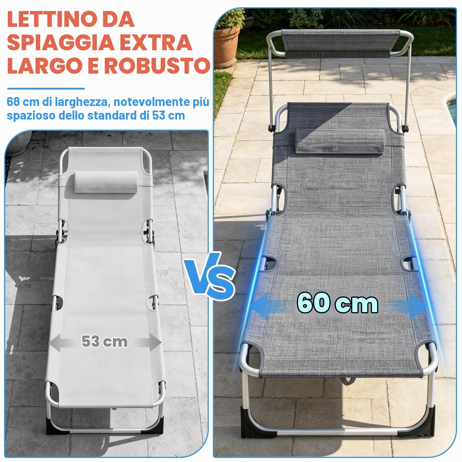Huracan Lettino prendisole pieghevole con tettuccio parasole, resistente alle intemperie, con schienale regolabile in 4 posizioni, sedia a sdraio con cuscino, portata fino a 150 kg, Grigio