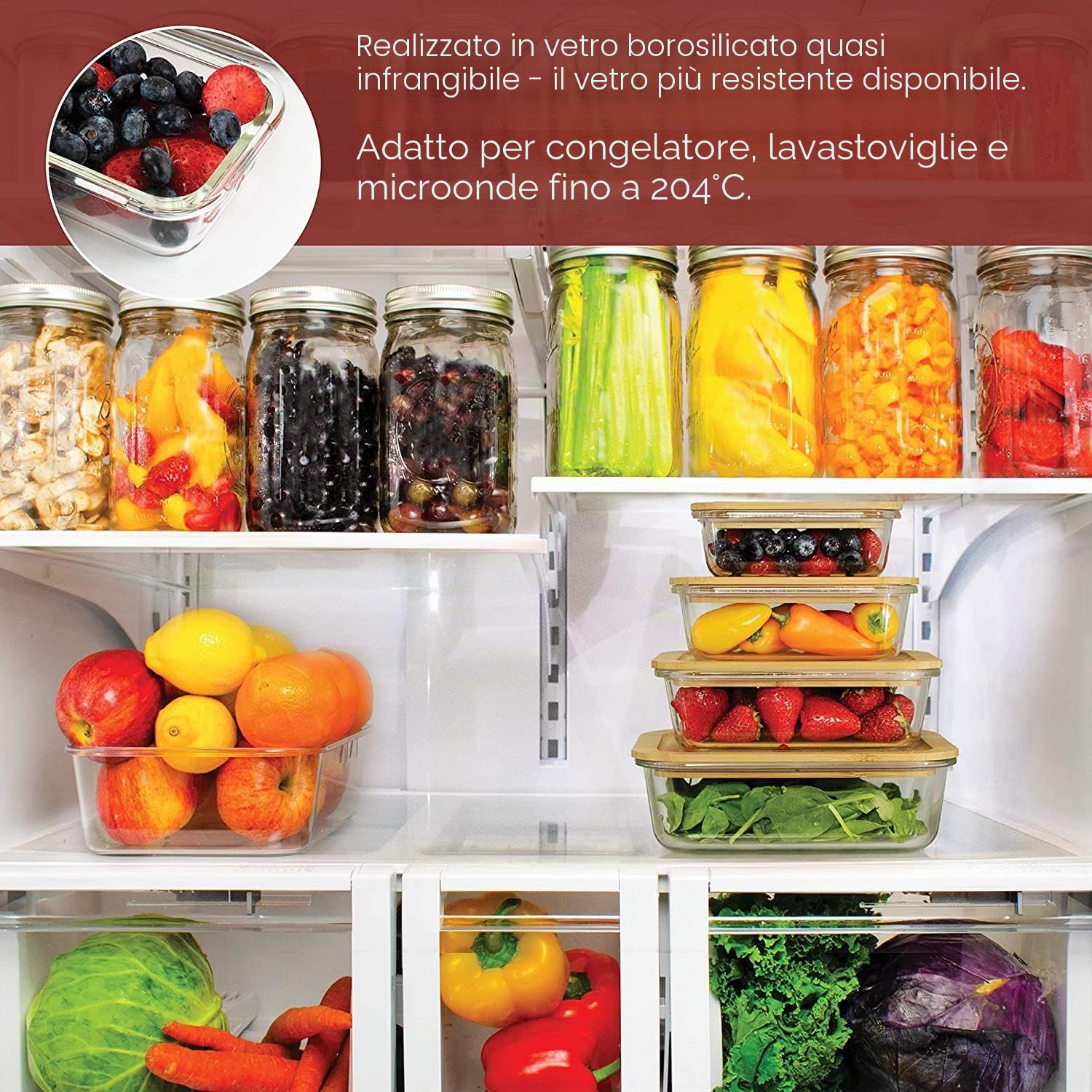 Gramercy Contenitore in Vetro per Alimenti 4x con Coperchio Bambù - Senza BPA, Anti-Perdite