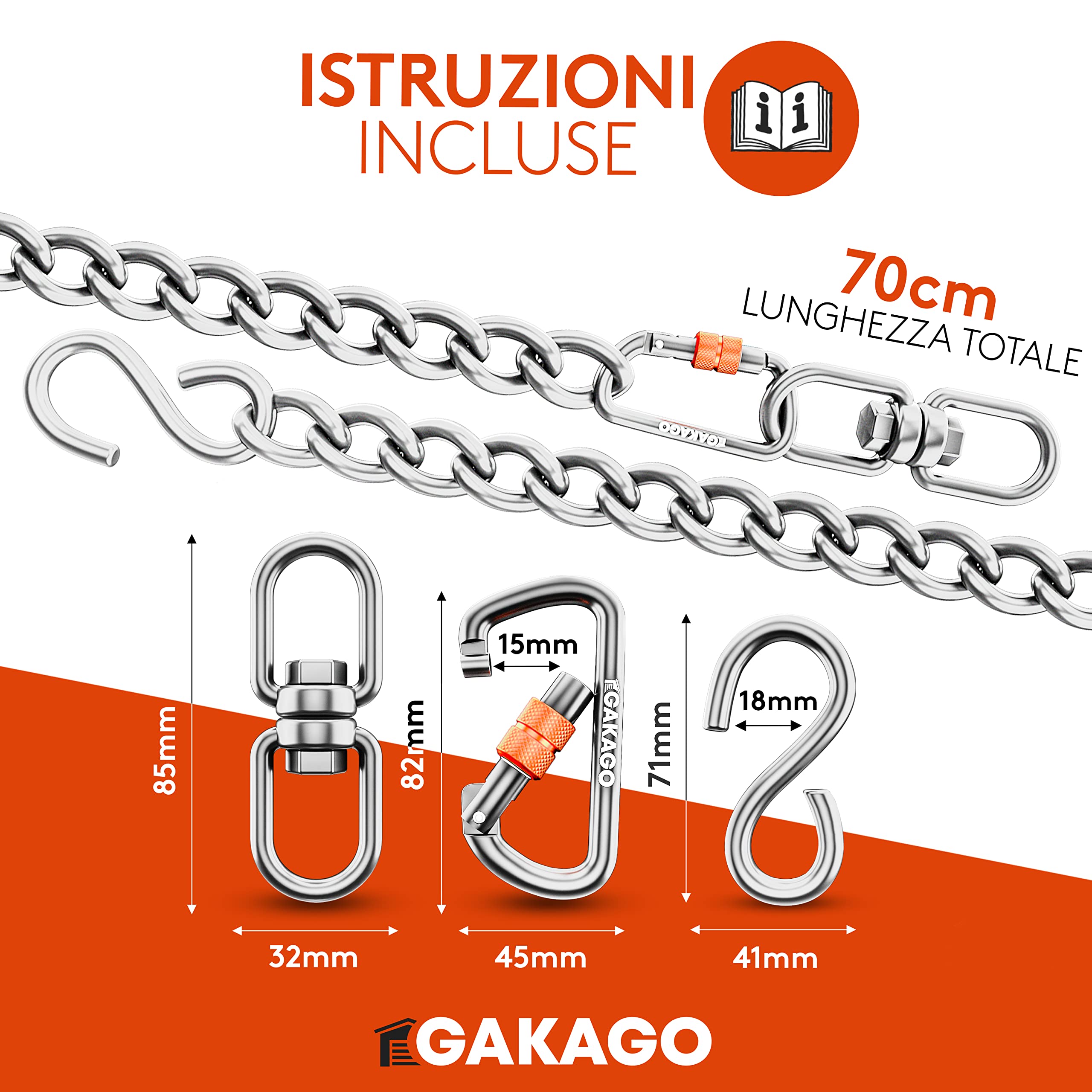 Gakago Catena di prolunga Come Catena per Sedia sospesa, prolunga per Altalena, Supporto per Sacco da Boxe - Catena in Acciaio con Gancio a S, girella e moschettone - Anche per Esterni