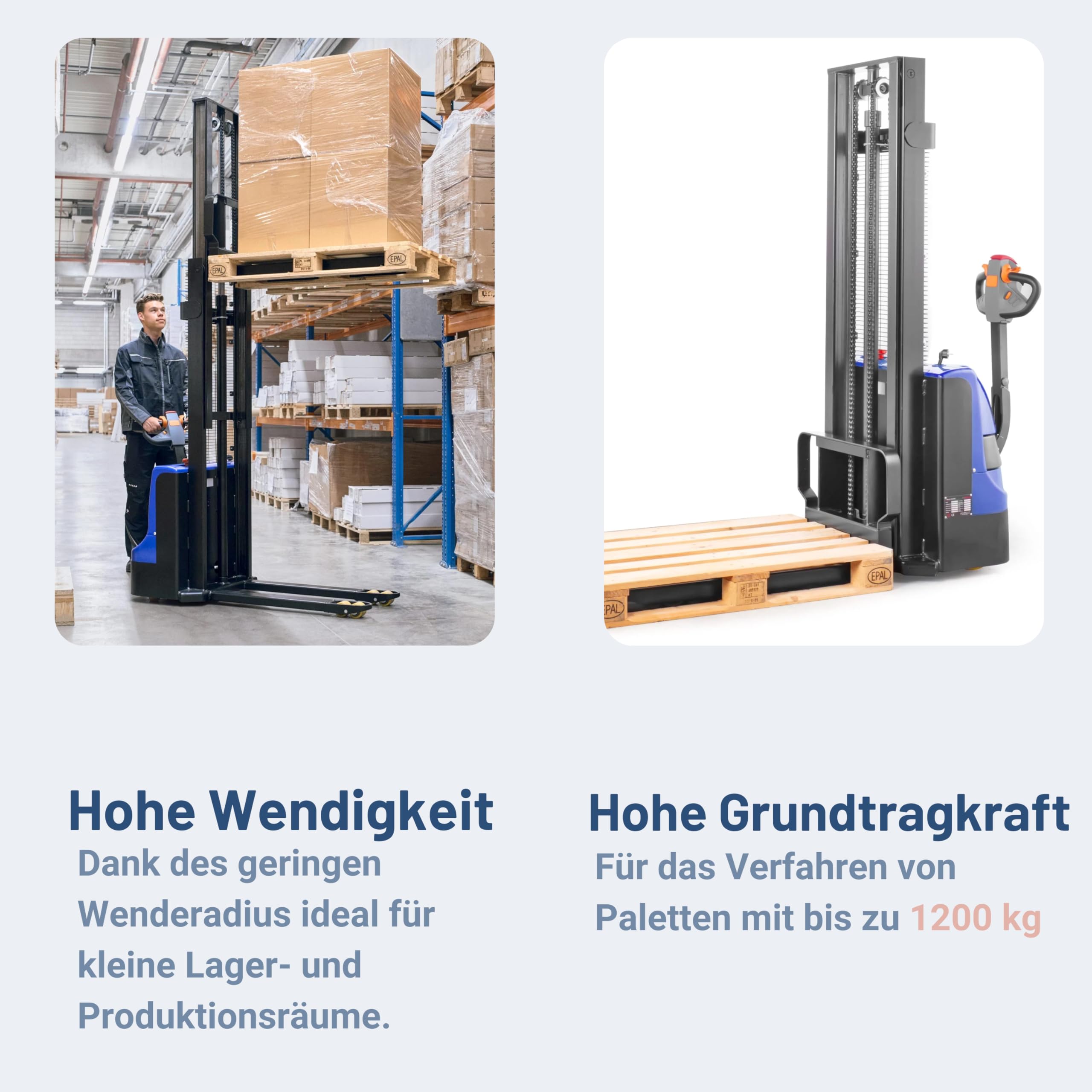 Pallit Budget-L Hochhubwagen Elektrisch Elektro Hubwagen 3500 mm Hubhöhe 1200 kg Tragkraft Flexibler & Wendiger Elektrischer Stapler inkl. 2 Blei-Gel-Batterien mit 100 Ah