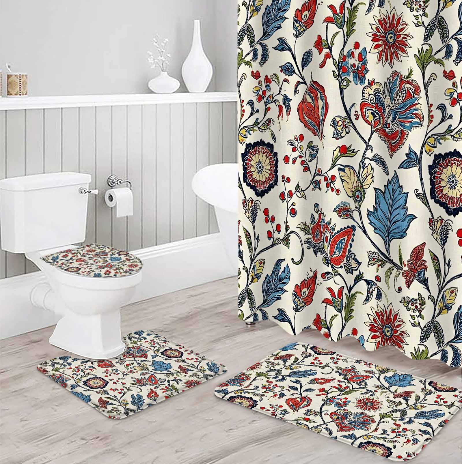 Boho Floral Bathroom Set with Shower Curtain and Rug Accessories - 36x72 Inches Long Blue Red Flower Vintage Petals Branch Leaf Stall Curtain Waterproof with Small Bath Mat,Washable Runner Rug Set