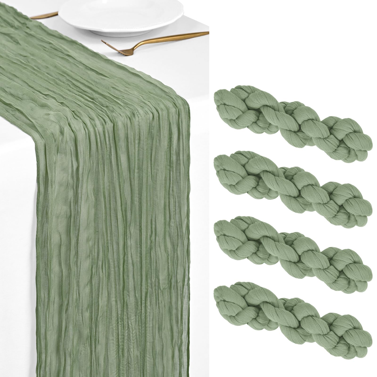 Showgeous 4 Pack Sage Green Cheesecloth Table Runner 45x275cm Boho Gauze Cheese Cloth Table Runners Romantic Rustic Sheer Table Decorations for Wedding Party Baby Shower Birthday Holiday Home