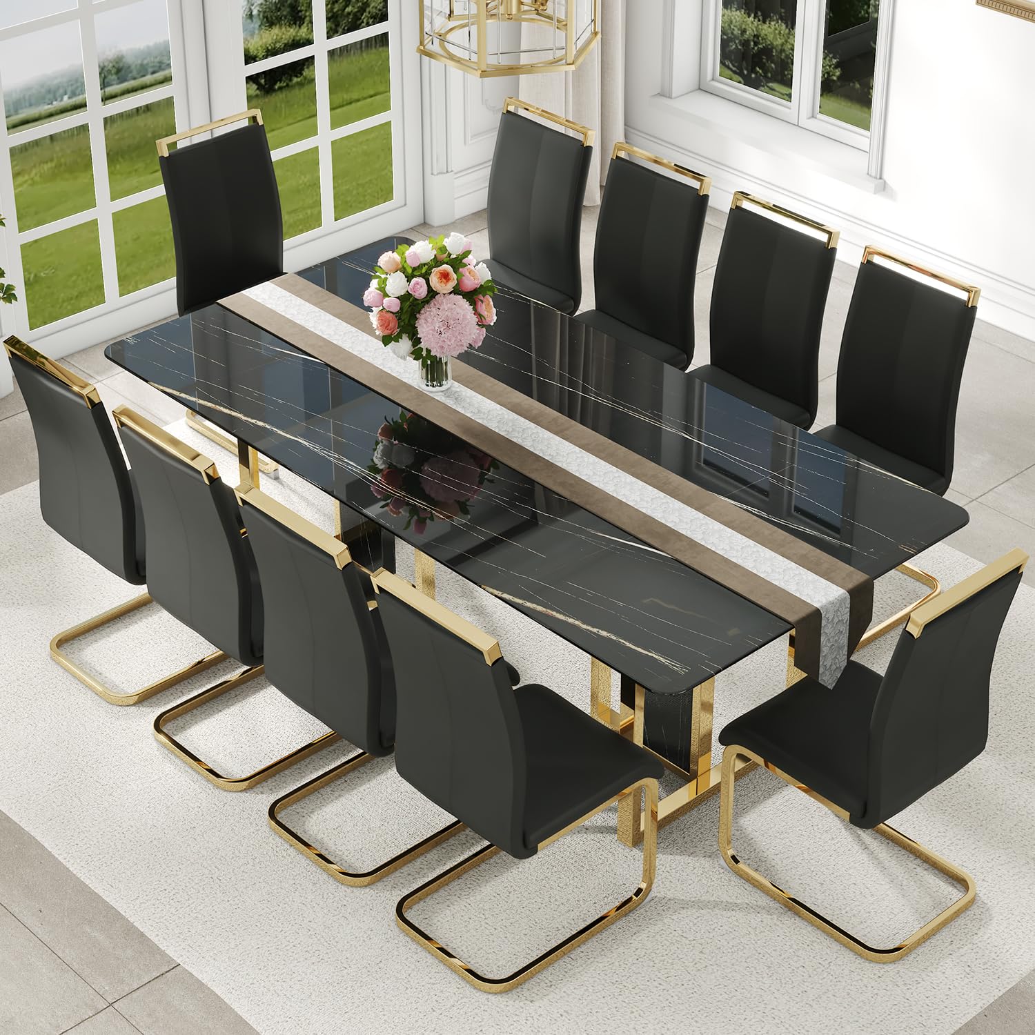 79'' Modern Dining Table Set for 10, Black Table with 10 PU Leather Chairs