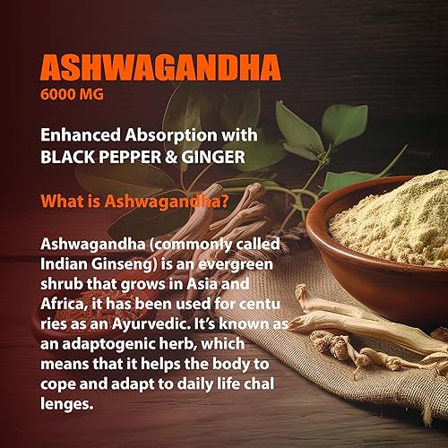 Miniatura 4 de Ashwagandha 6000mg máxima fuerza, absorción optimizada con pimienta negra y raíz de jengibre, adaptógeno natural, apoyo al estado de ánimo y estrés,