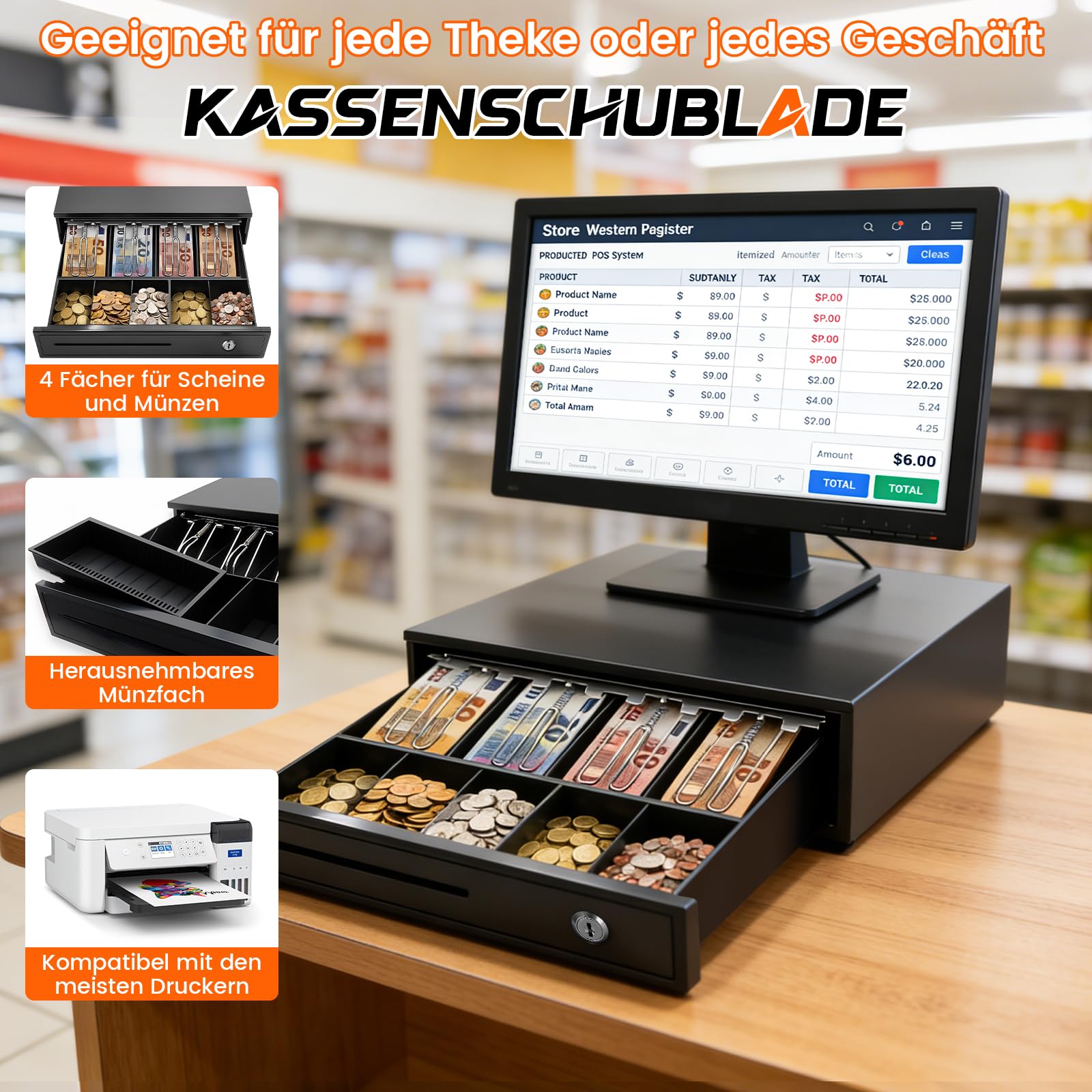 Kassenschublade abschließbar mit 4 Fächern für Banknoten 5 für Münzen, 37×34×8cm Geldkassette aus Metall, Registrierkasse mit RJ11, 2 Schlüsseln 3 Verriegelungsmethoden