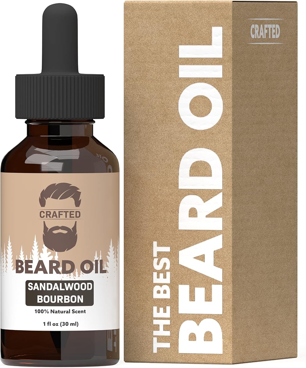 Acondicionador de aceite para barba Crafted Beards – Deja tu barba con una sensación increíble – Todos los ingredientes naturales – Sin residuos – Aceite de bigote – 1 oz – Hecho en los Estados Unidos (borbón de sándalo)