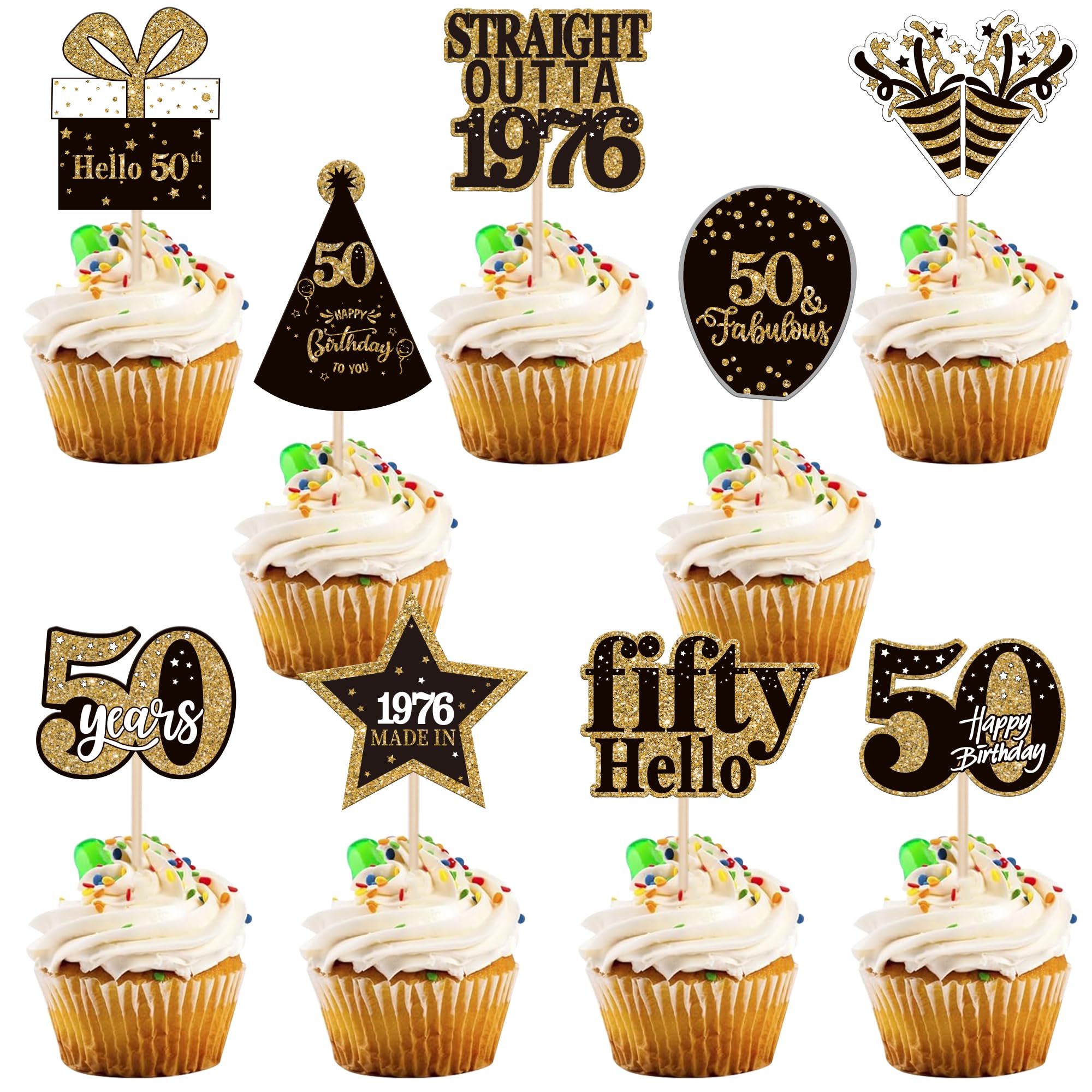 36 Stück Straight Outta 1976 Tortendeko 50th Geburtstag Kuchen Deko Hello Fifty Prost auf 50 Jahre Cupcake Toppers für 50th Geburtstag Jahrestag Party Kuchen Dekorationen