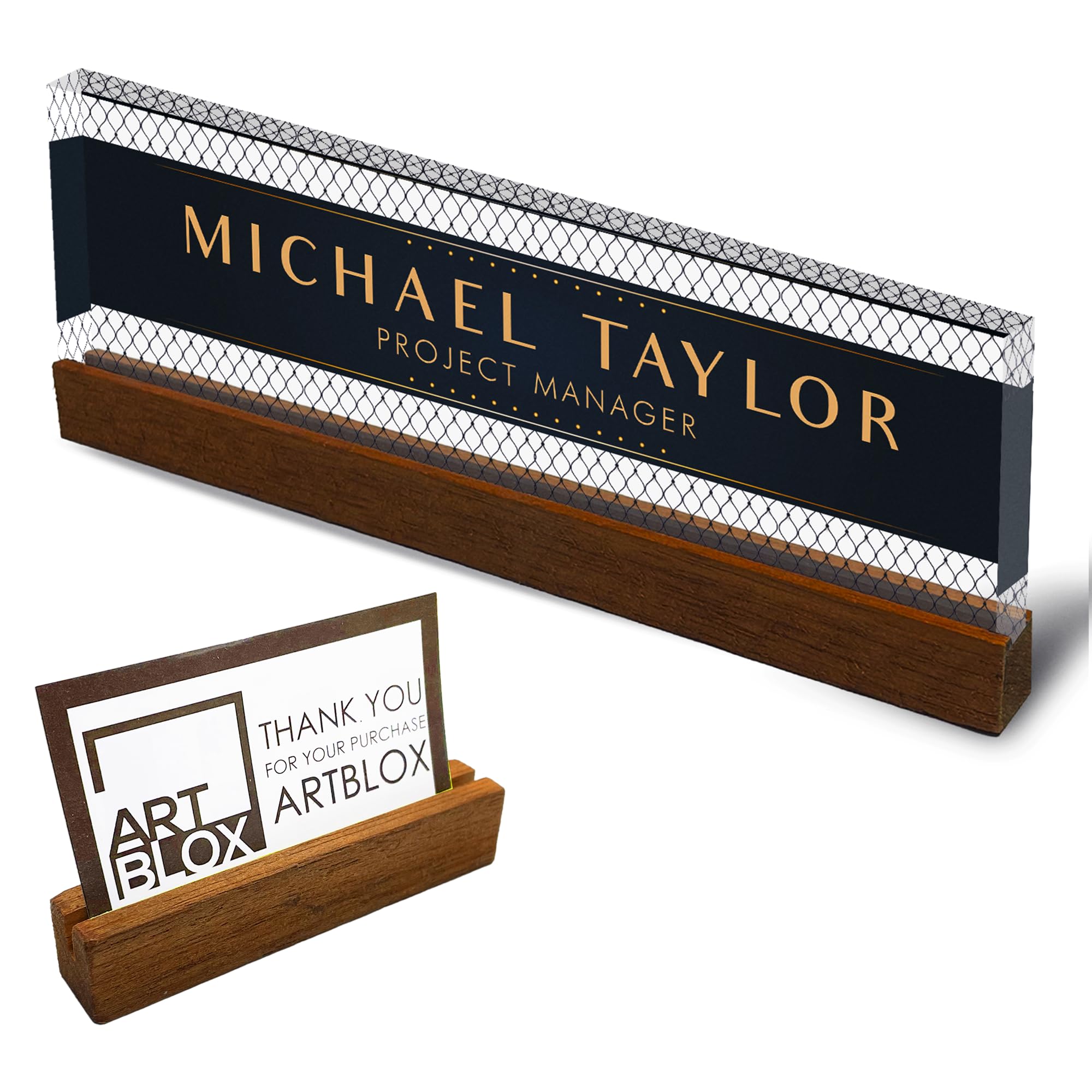 Artblox Personalized Office Desk Name Plate With Business Card Holder | Clear Acrylic Glass with Teak Wood Stand | Net Shape Design Customized with