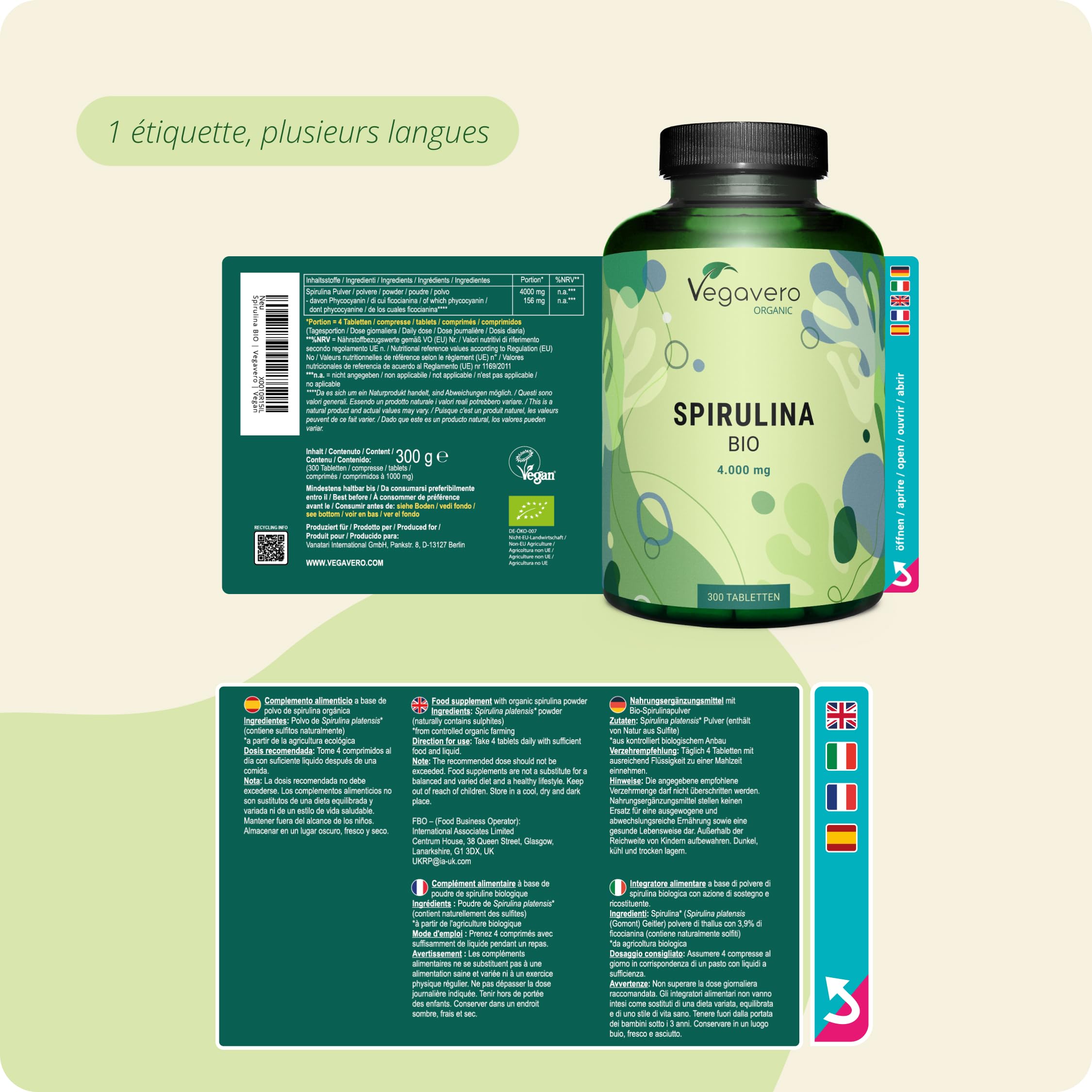 Spiruline BIO - 4000 mg par jour | 100% Pure & Sans Additifs | Avec Phycocyanine, Protéines | VEGAN & Sans OGM | Vegavero®