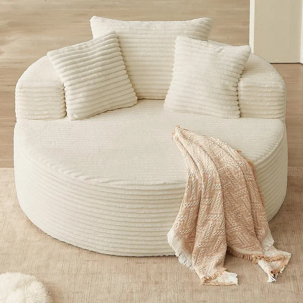 Oversized Round Chair Lounge Chaise Indoor, Upholstered Corduroy Deep Seat Cloud Large Circle Sofa Chair, No Assembly Required, Fluffy Modern Sleeper Sofa Bed for Reading, Light White
