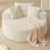 Oversized Round Chair Lounge Chaise Indoor, Upholstered Corduroy Deep Seat Cloud Large Circle Sofa Chair, No Assembly Required, Fluffy Modern Sleeper Sofa Bed for Reading, Light White