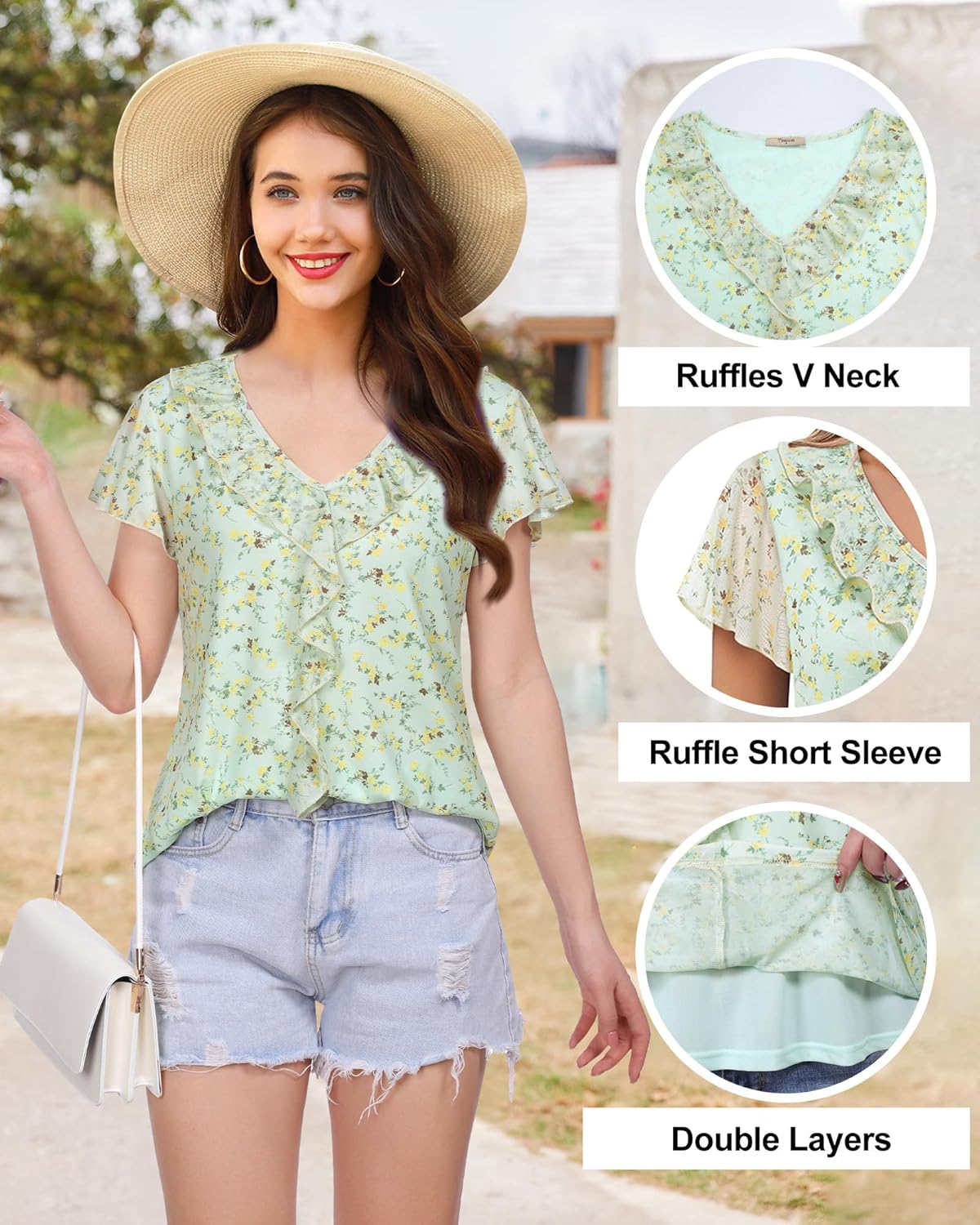 Timeson Women's Short Sleeve Tops Dressy Casual Ruffle V Neck Blouses Ladies Summer Shirts - Image 5