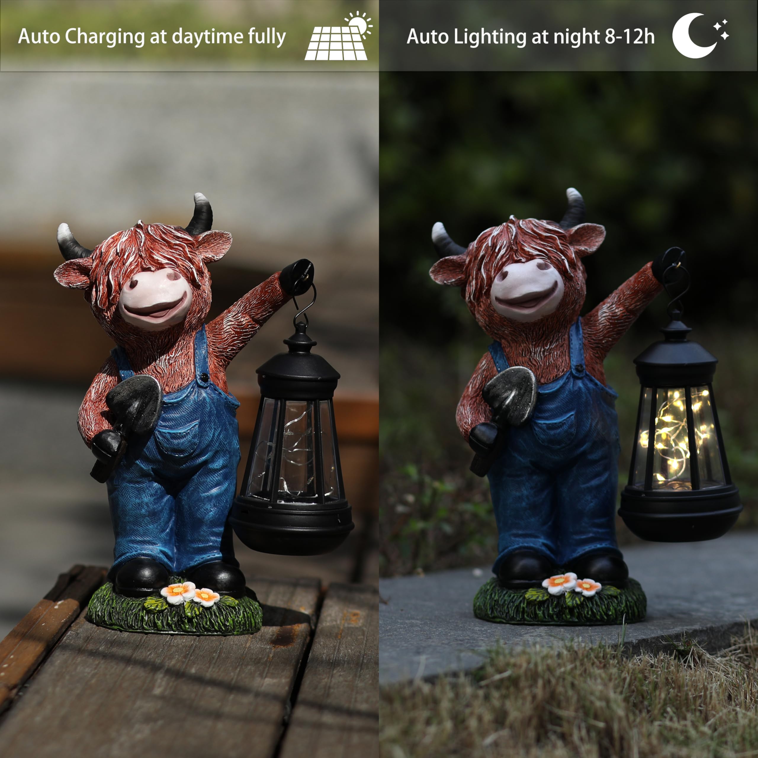 Statue Solaire Vache Des Highlands Avec Lanterne - Décoration Jardin - Marron, Accents Floraux, Panneau Welcome - 27,6 Cm