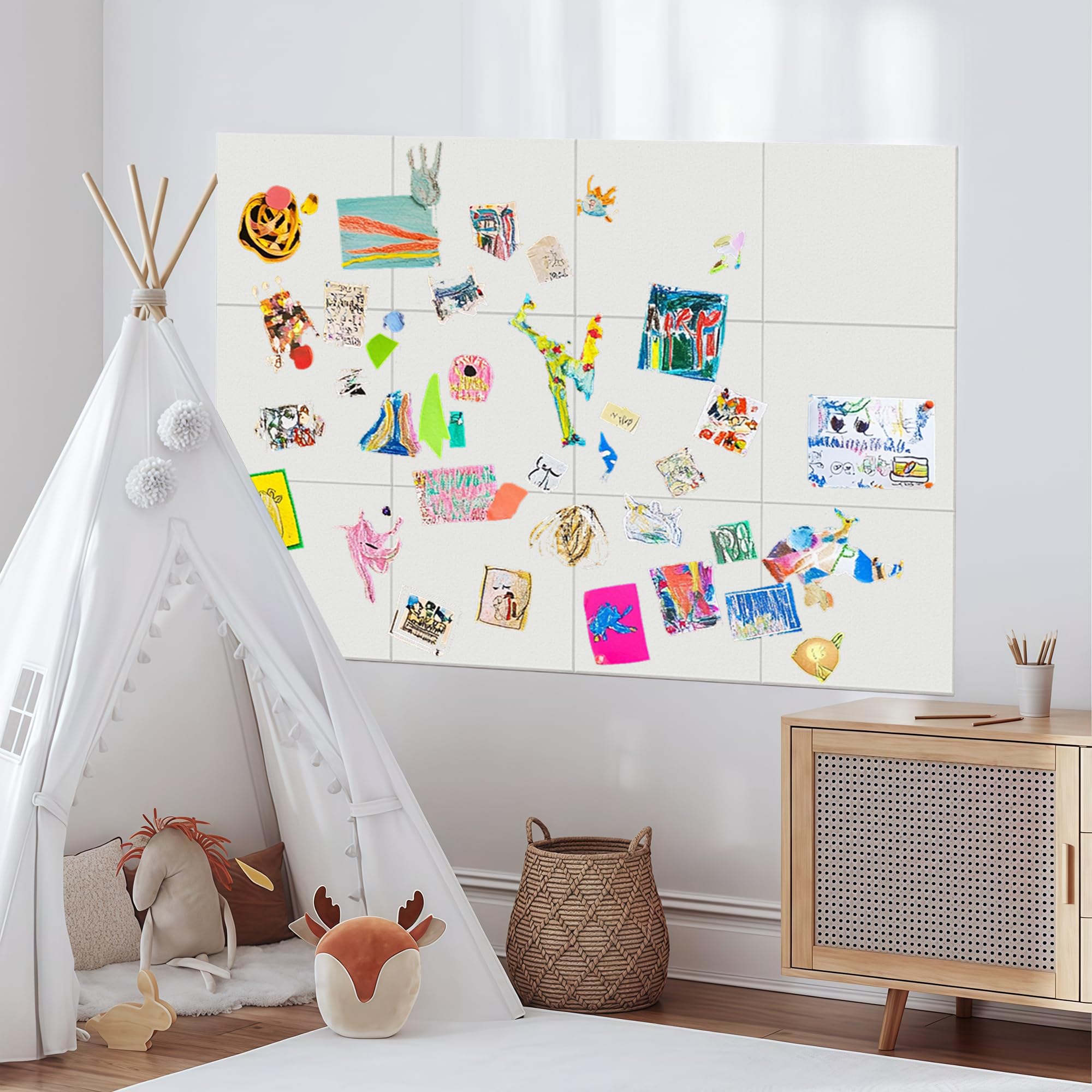 12 Piezas Corcho Pared Autoadhesivo 30x30 cm, Tablero de Corcho Fieltro para Oficina Casa, Tablón de Anuncios con Chinchetas y Piezas de Montaje (Blanco)