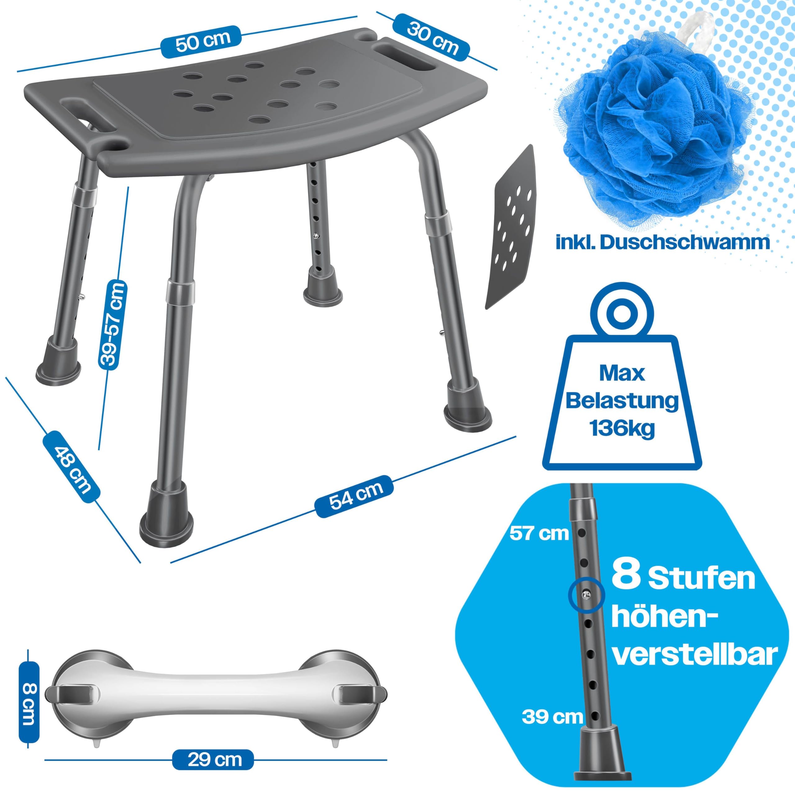 KESSER Taburete de ducha regulable | ligero taburete de baño antideslizante pies de goma silla de ducha soporta 136 kg | ayuda de ducha para personas mayores | asa de sujeción con ventosa | asiento de