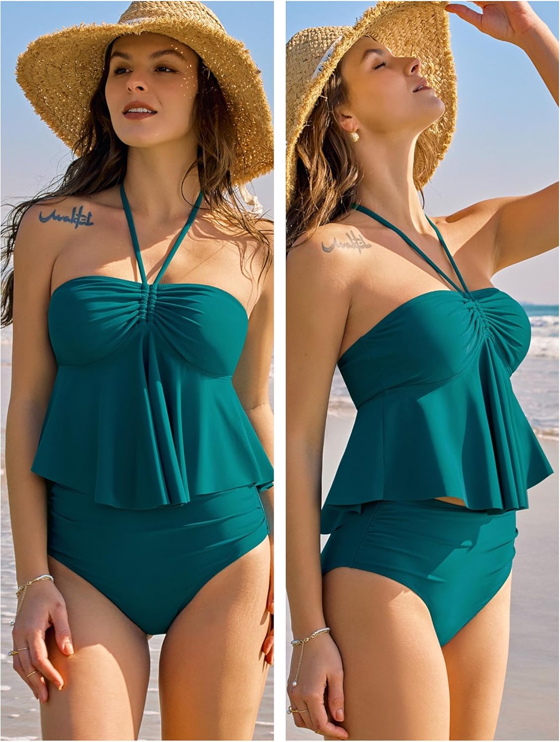 ZAFUL Womens 2025 Two Piece Bathing Suits Halter Bandeau Self-Tied Tankini Set Swim Top with Bottom Tummy Control Swimsuit - Image 4