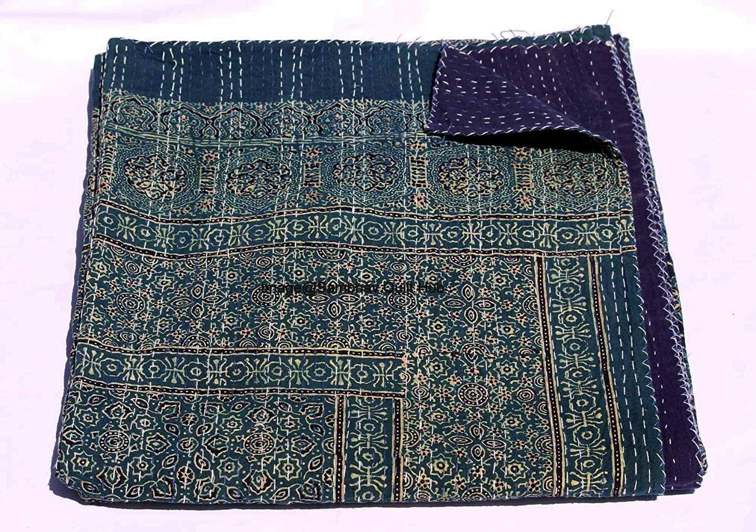 Blue Hippie Kantha Ajarkh Hippie Handmade Queen Size Kantha Bedspread Ajrakh Reversible Hand Stitched Cotton Kantha Quilts Bohemian Floral Kantha Twin/Queen (60X90 inch)