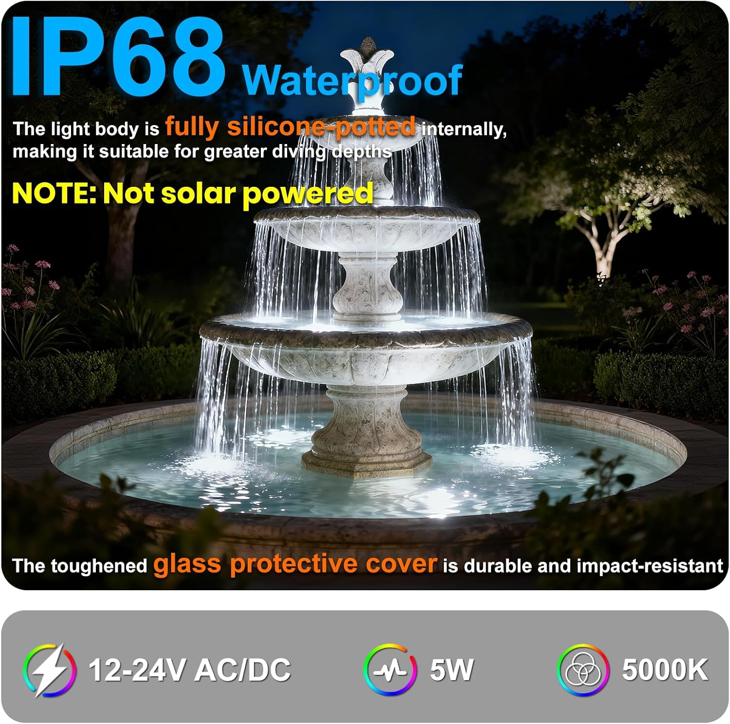 Fountain Lights LED Underwater, 5W 5000K 12V-24V AC/DC Submersible LED Lights for Pond Fountain Waterfall Pool Aquascape, 45 Degree Angle Water Spot Lights, IP68, Stainless Steel, Black, 6PK