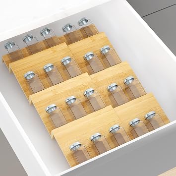 4-Tier Bamboo Spice Rack Organizer - 16.9" x 9.6" x 21.65" Wooden Drawer Spice Rack - Extendable Spice Organizer for Cabinet and Space Saving Seasoning Organizer for Drawer, 24 Spice Jars Included