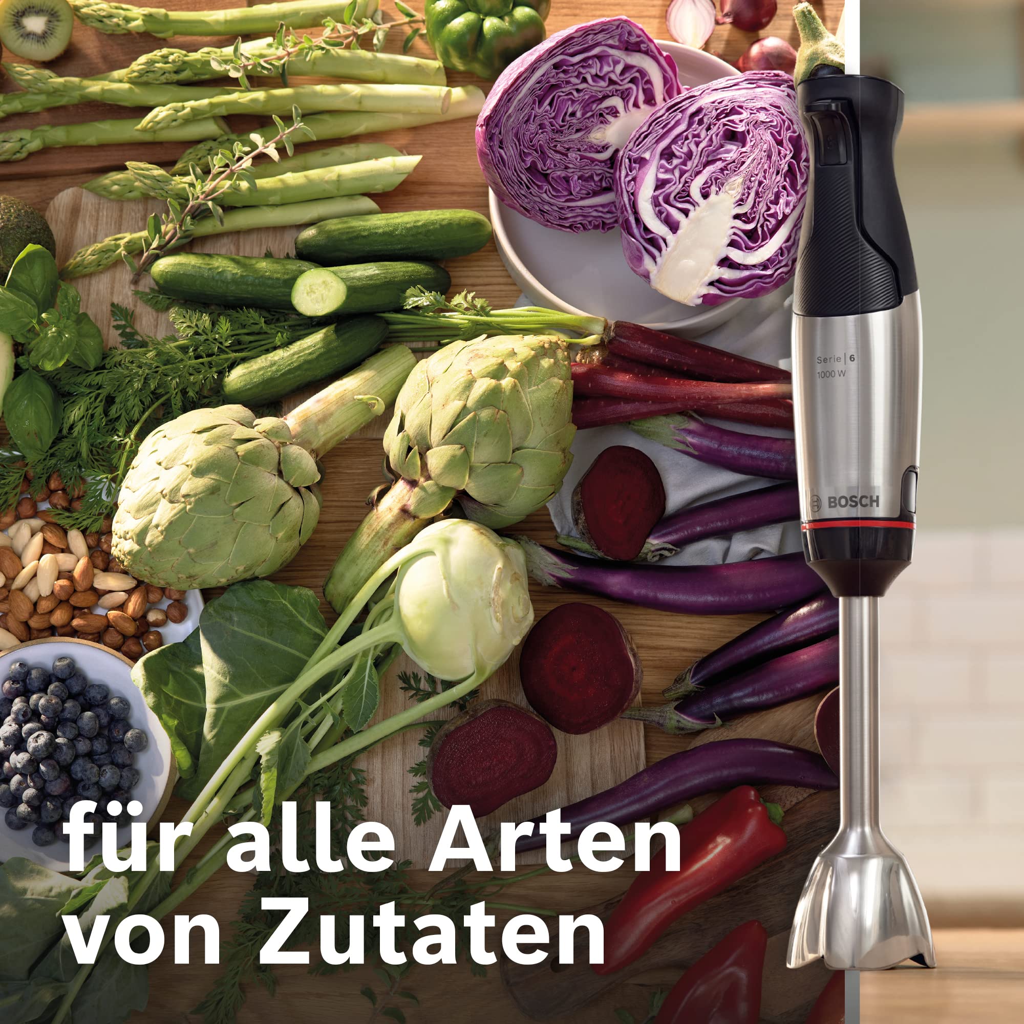 Bosch Blender Ręczny ErgoMaster Serie 6 MSM6M673, 1000 W, 4 Ostrza ze Stali Nierdzewnej, Wygodne sterowanie, Rozdrabniacz, Końcówka do Puree, Trzepaczka, Czarny/Srebrny